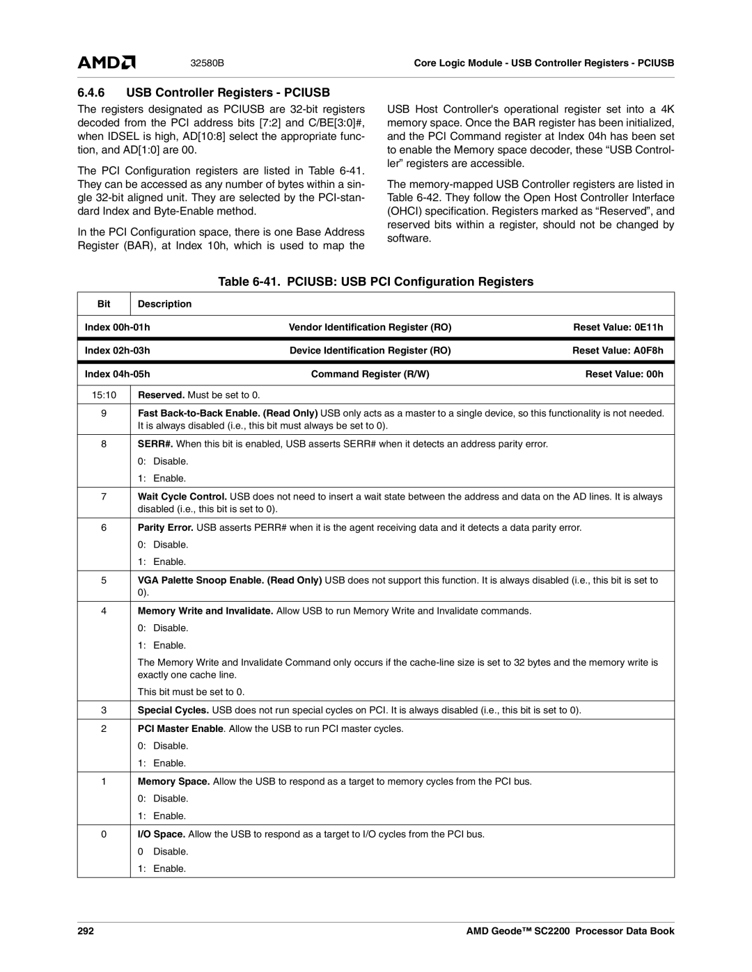 AMD SC2200 manual USB Controller Registers Pciusb, Pciusb USB PCI Configuration Registers, 292 