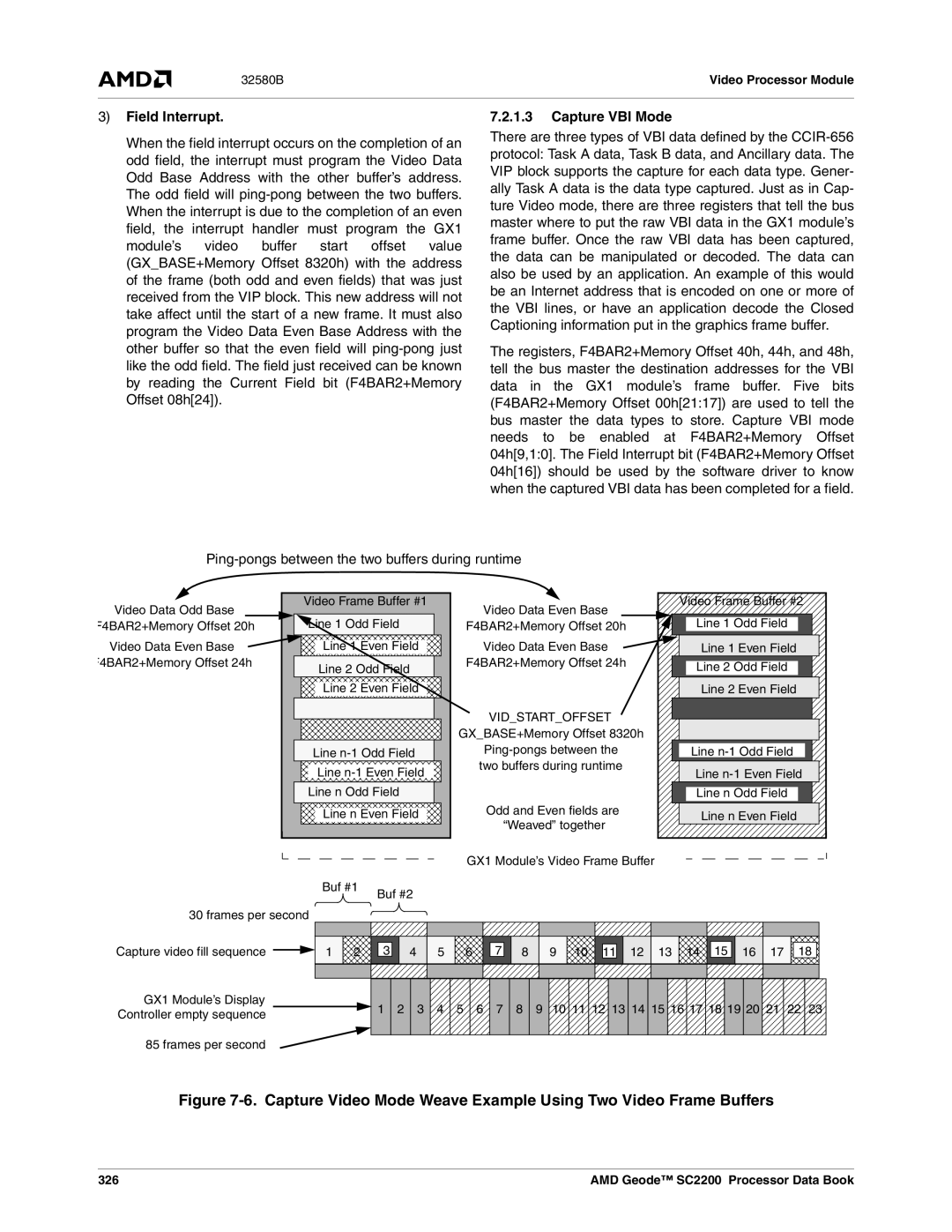 AMD SC2200 manual Field Interrupt Capture VBI Mode, Ping-pongs between the two buffers during runtime, 326 