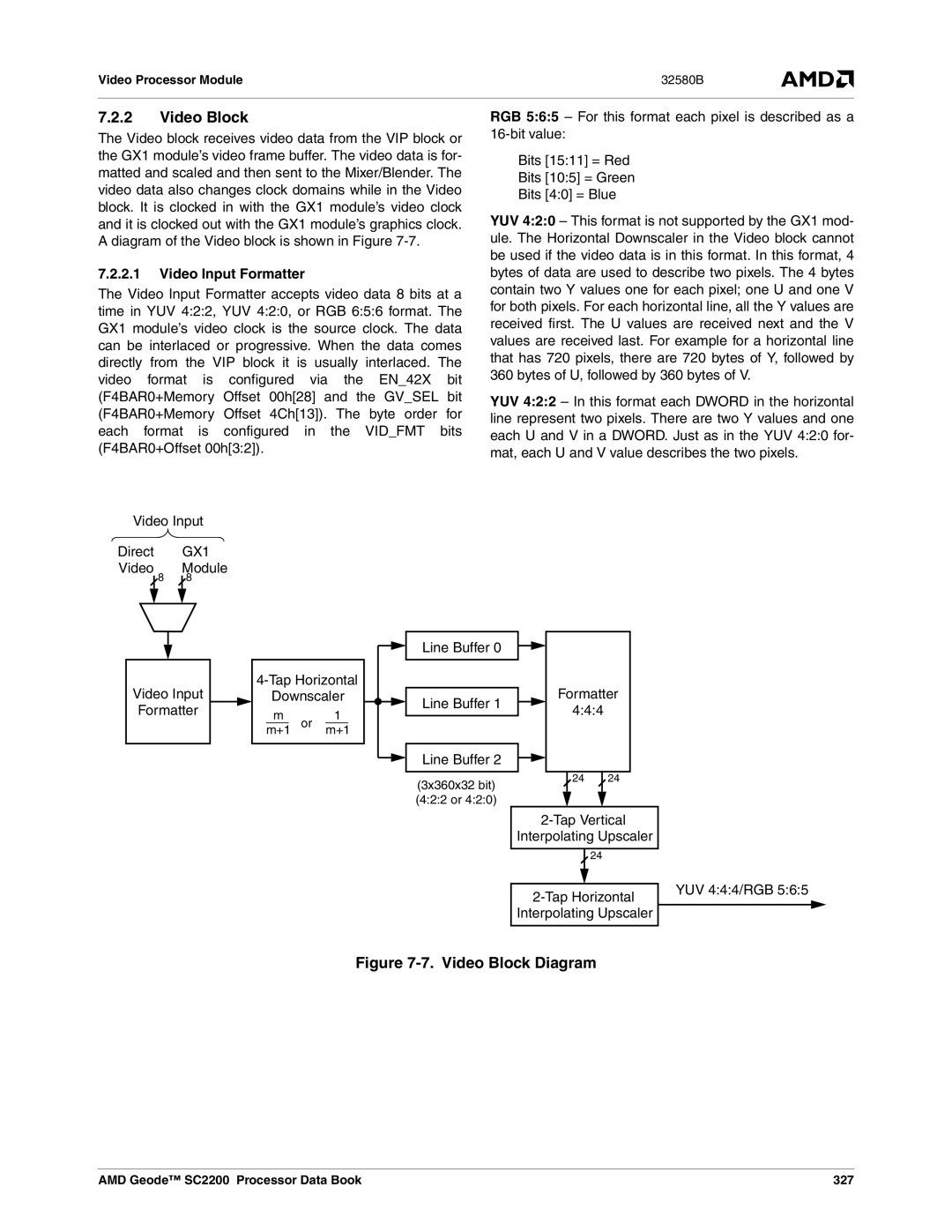 AMD manual Video Block, Video Input Formatter, Line Buffer, AMD Geode SC2200 Processor Data Book 327 