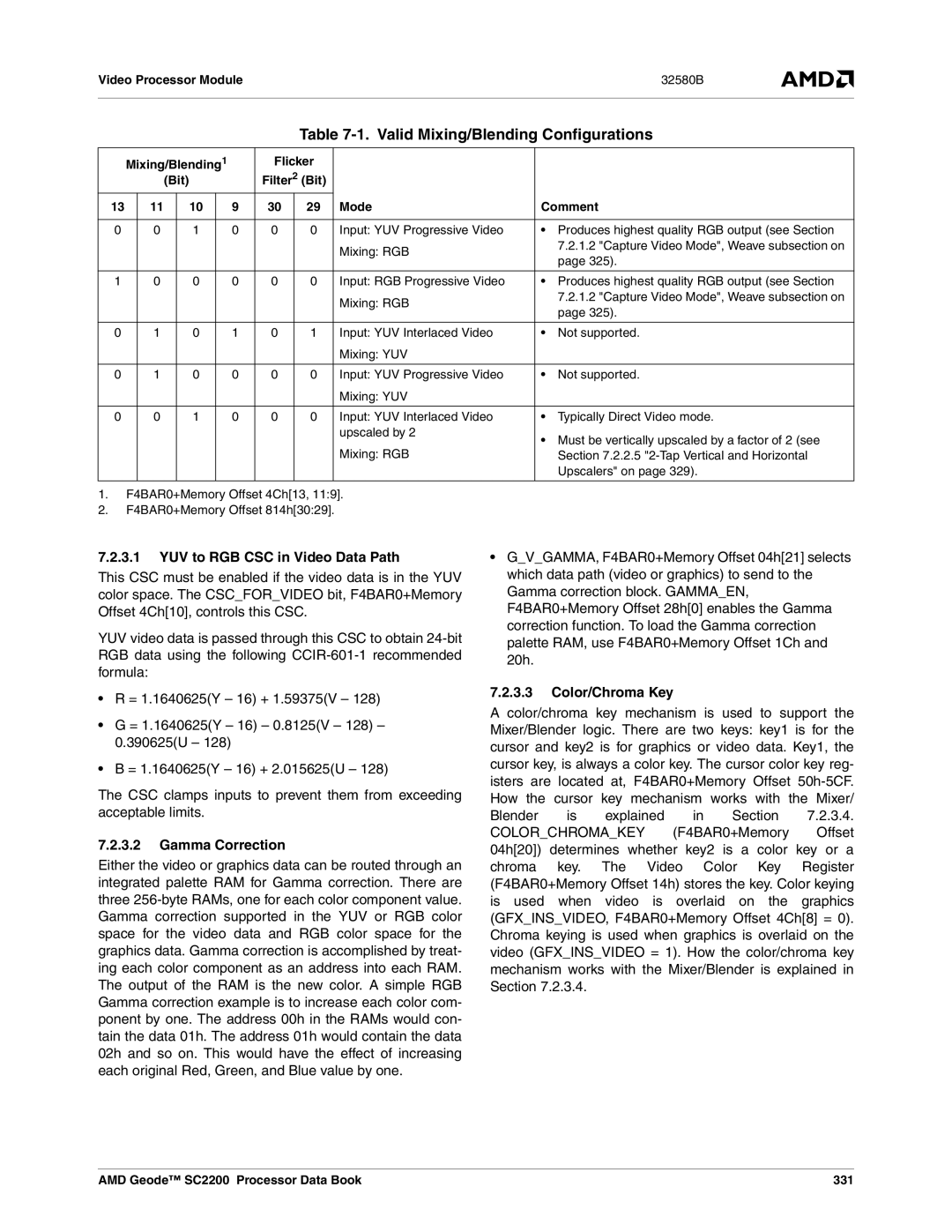 AMD SC2200 Valid Mixing/Blending Configurations, YUV to RGB CSC in Video Data Path, Gamma Correction, Color/Chroma Key 