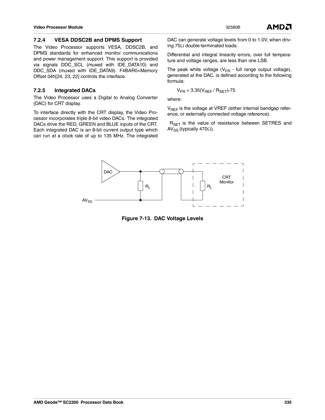 AMD manual Vesa DDSC2B and Dpms Support, Integrated DACs, Monitor, AMD Geode SC2200 Processor Data Book 335 