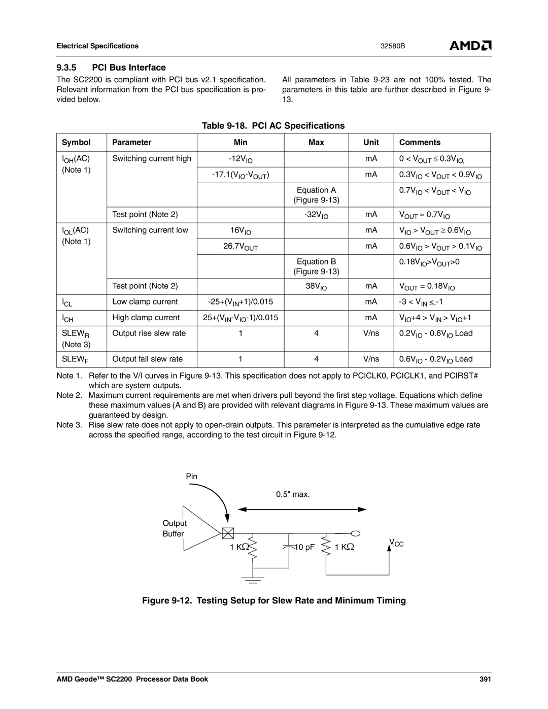 AMD SC2200 manual PCI Bus Interface, PCI AC Specifications 