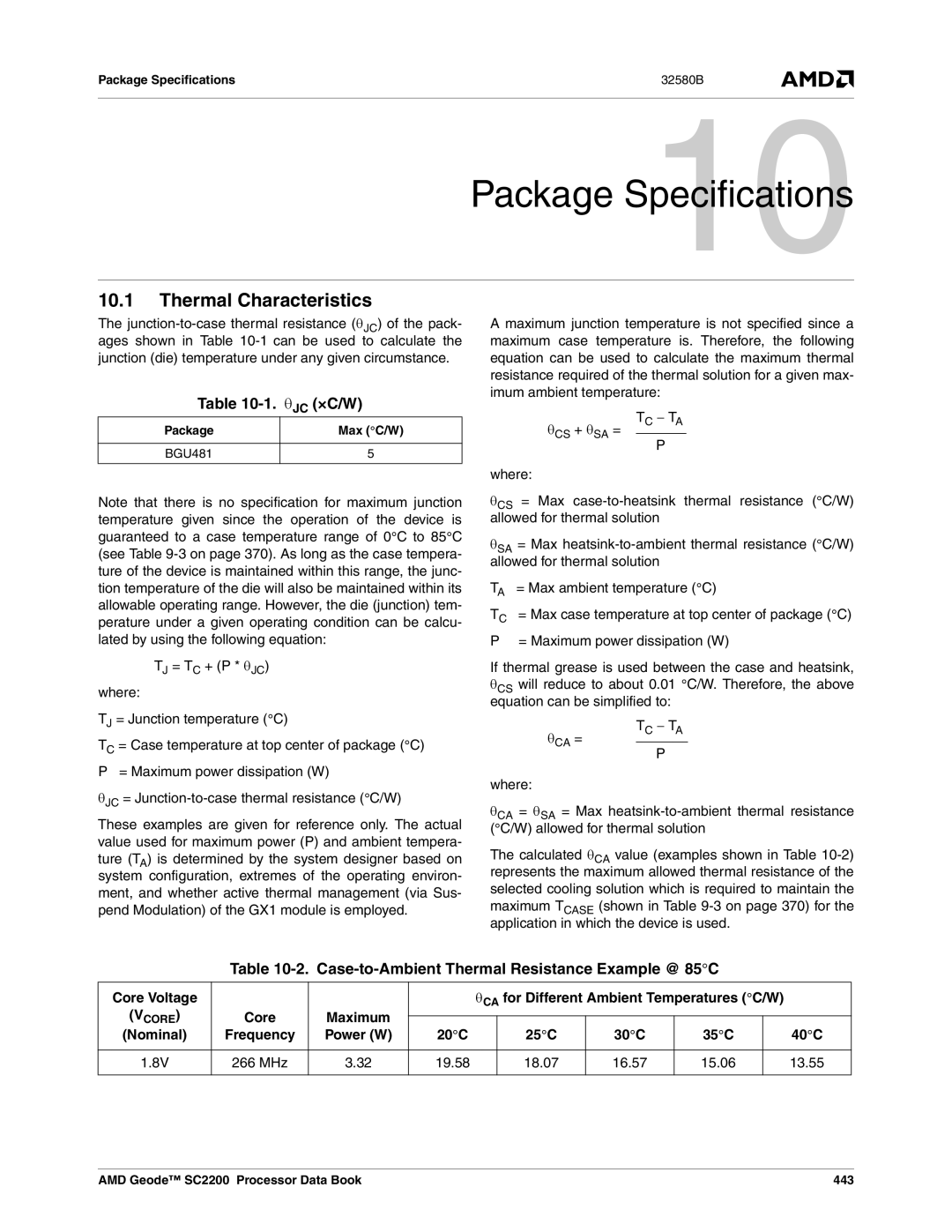 AMD SC2200 manual Thermal Characteristics, Θjc ×C/W, Case-to-Ambient Thermal Resistance Example @ 85C 