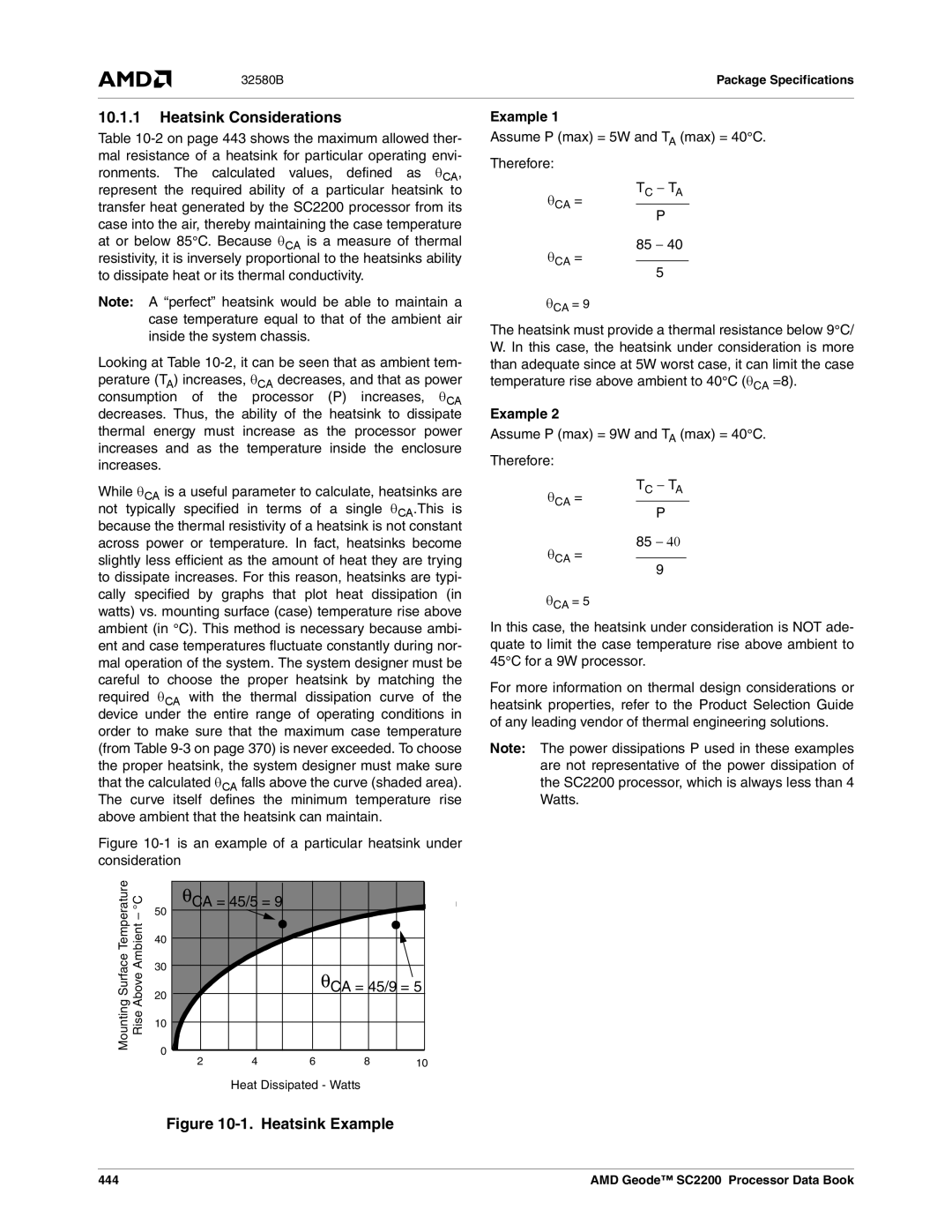 AMD SC2200 manual Heatsink Considerations, Example, Assume P max = 5W and TA max = 40C Therefore, 444 