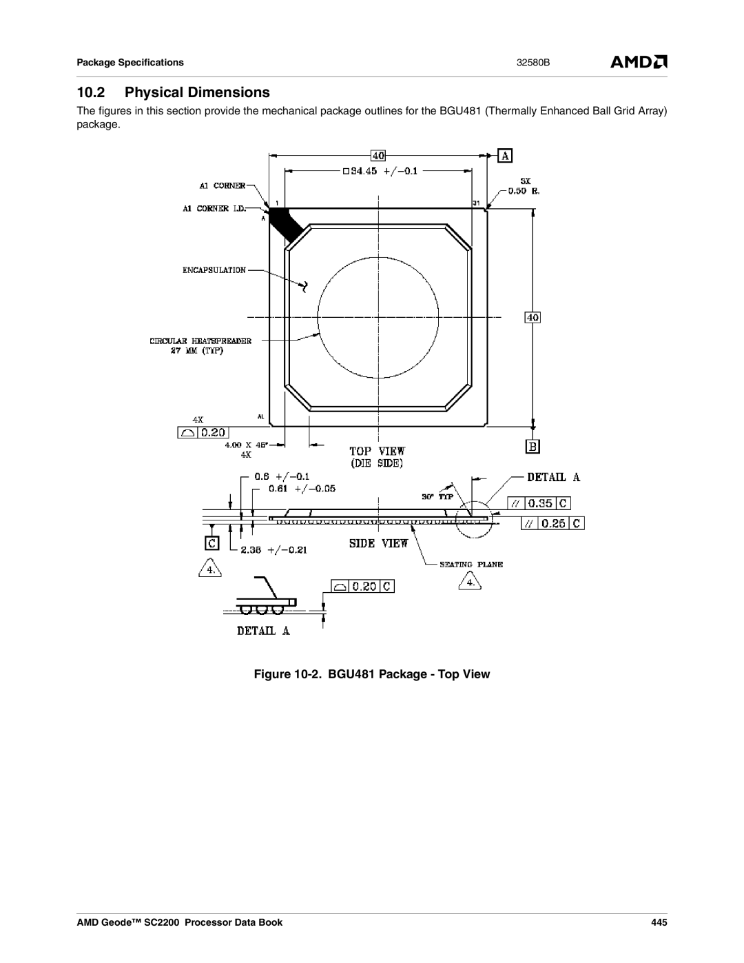 AMD manual Physical Dimensions, Package Specifications, AMD Geode SC2200 Processor Data Book 445 