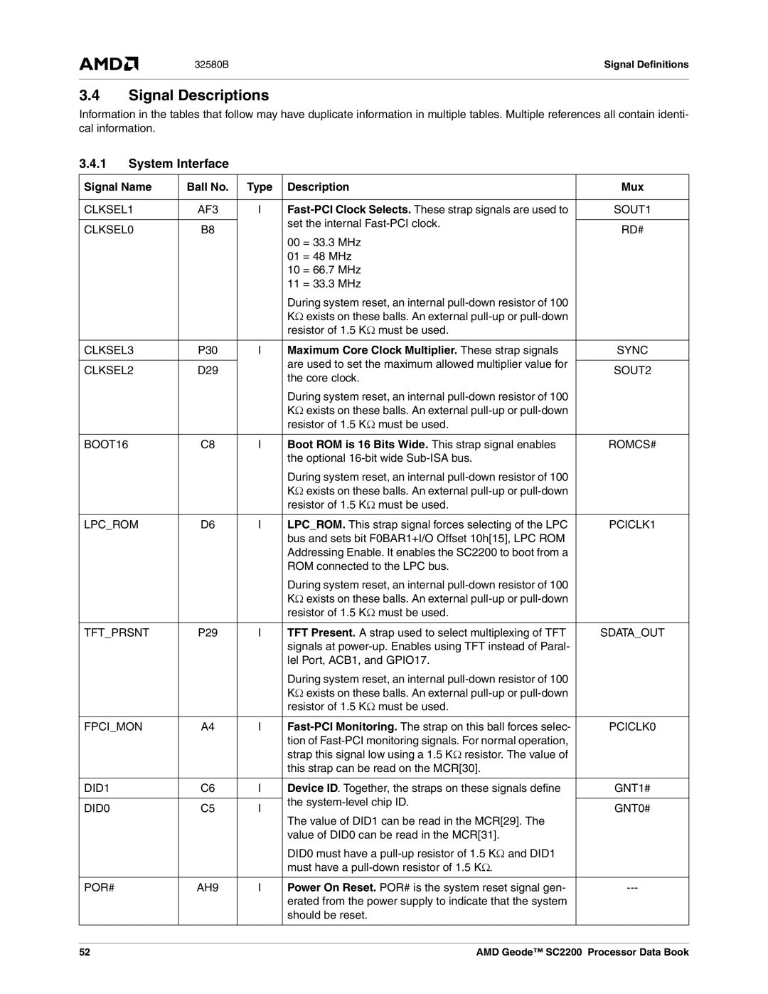 AMD SC2200 manual Signal Descriptions, System Interface, Signal Name Ball No Type Description Mux 