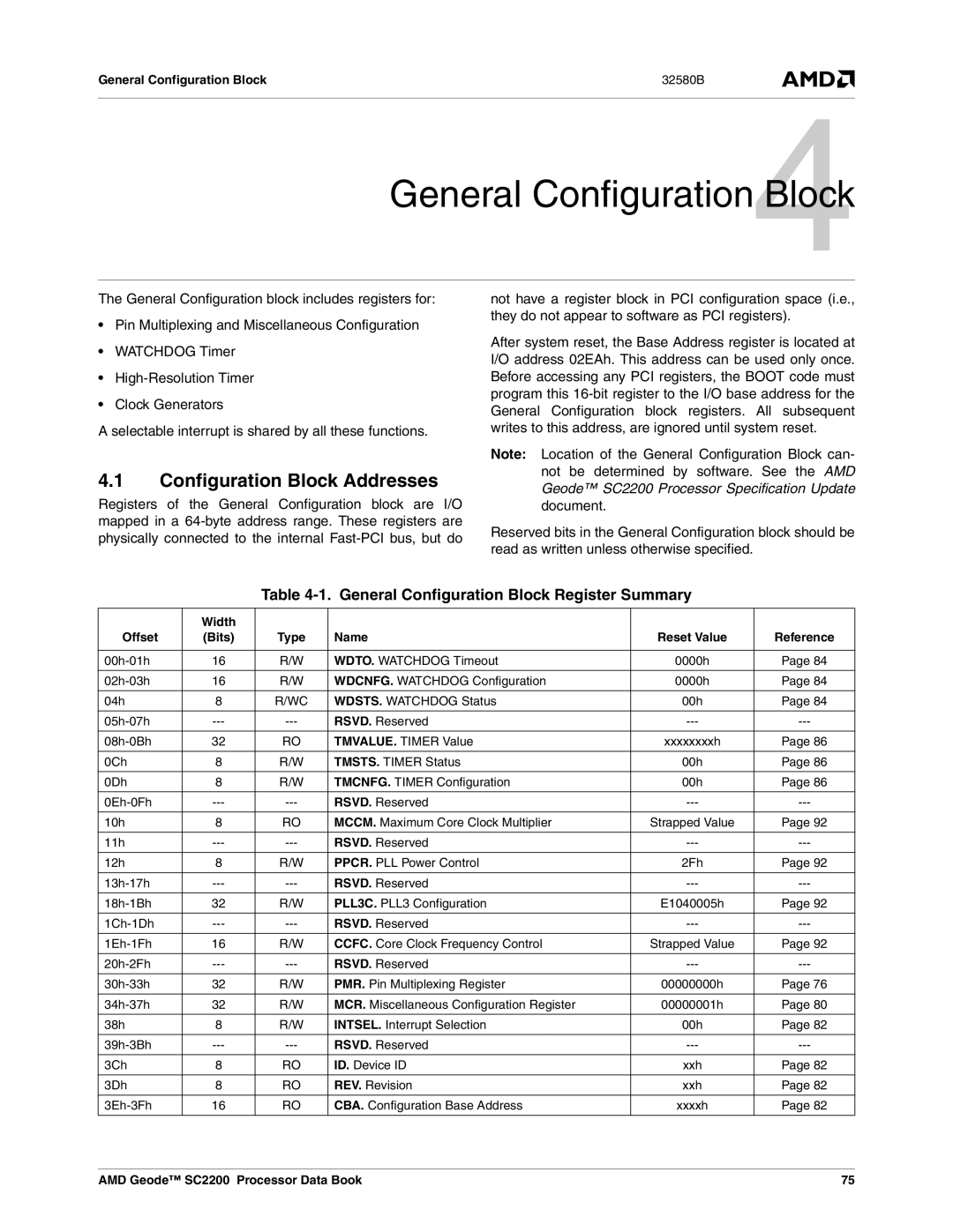 AMD SC2200 Configuration Block Addresses, General Configuration Block Register Summary, General Configuration Block 32580B 