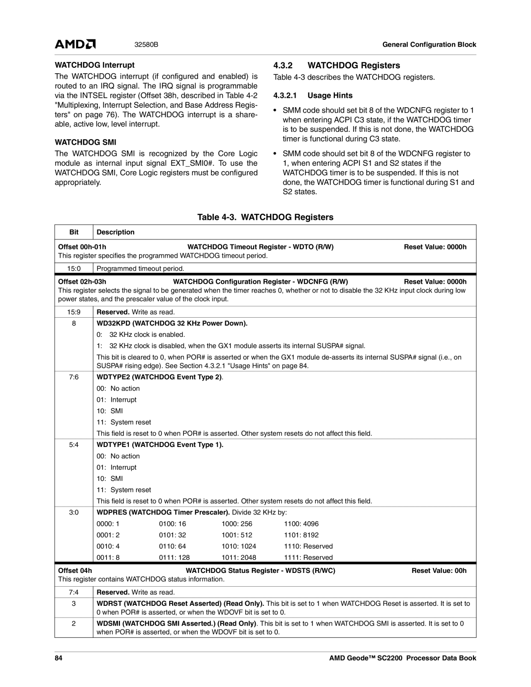 AMD SC2200 manual Watchdog Registers, Watchdog Interrupt, 3describes the Watchdog registers, Usage Hints 