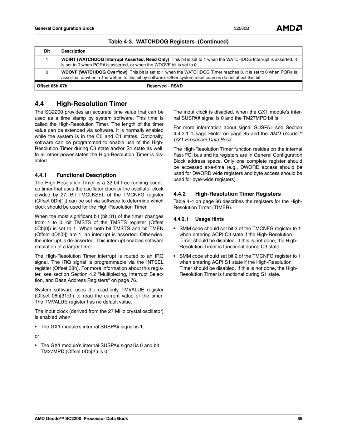 AMD SC2200 manual High-Resolution Timer Registers, Offset 05h-07h Reserved Rsvd 