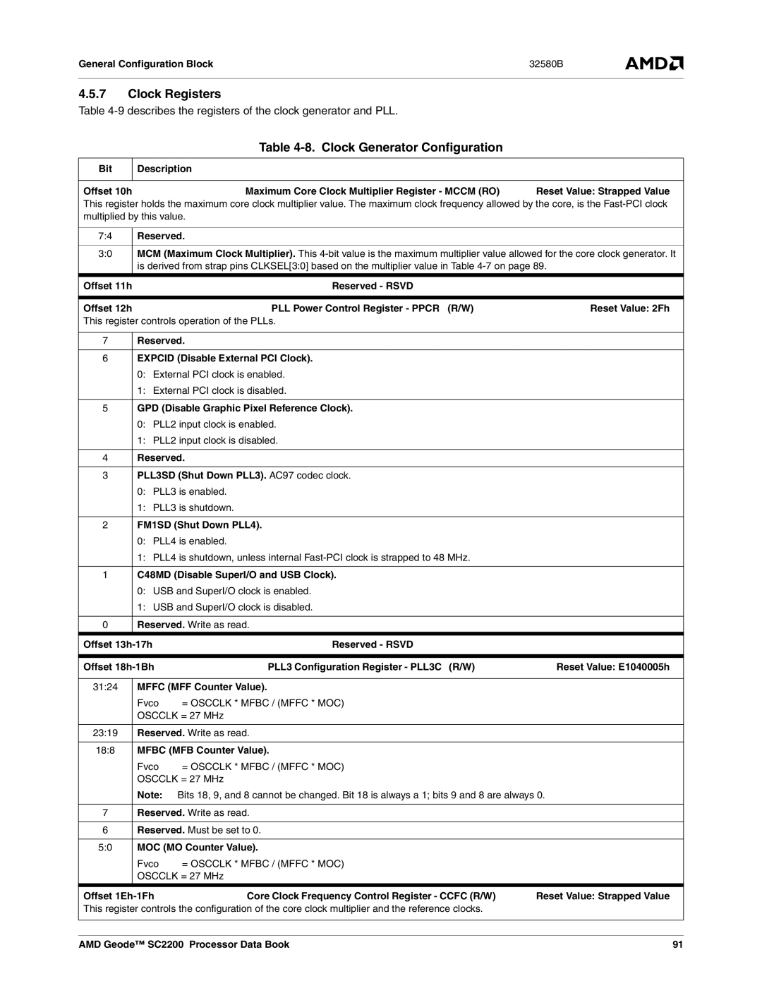 AMD SC2200 manual Clock Registers, Clock Generator Configuration, 9describes the registers of the clock generator and PLL 