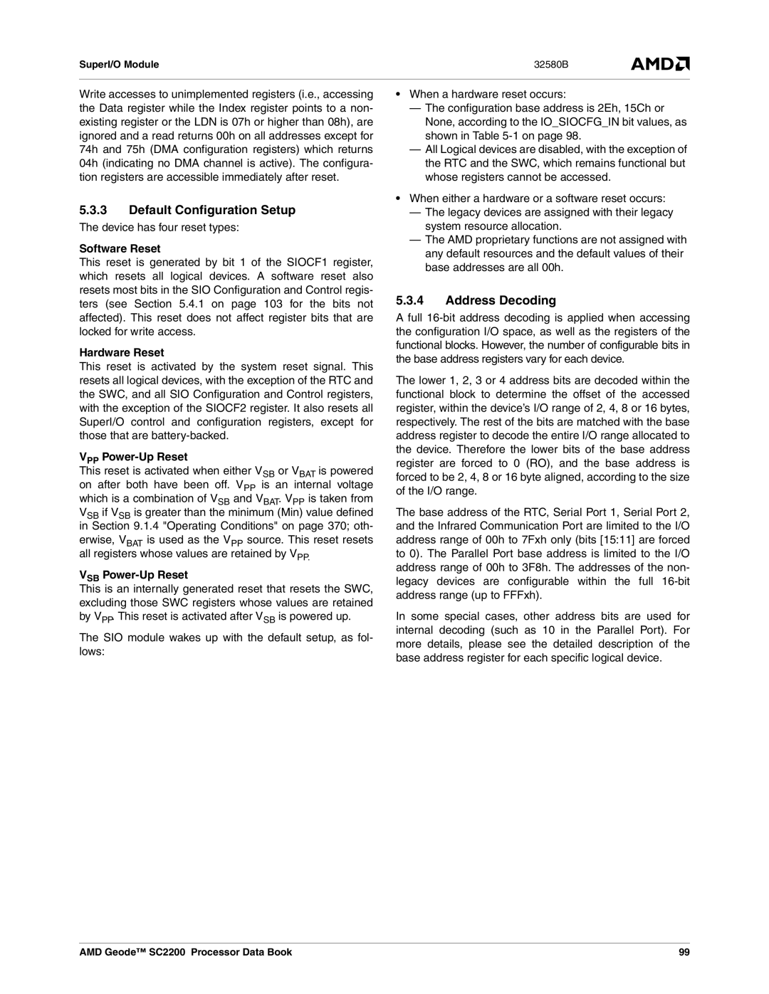 AMD SC2200 manual Default Configuration Setup, Address Decoding 