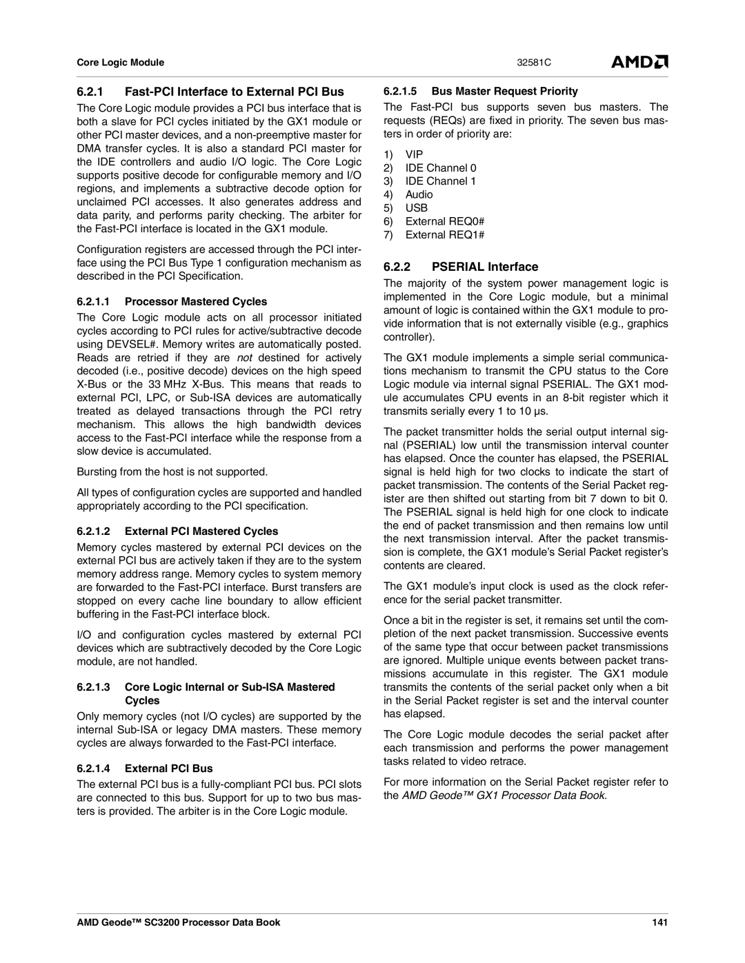 AMD SC3200 manual Fast-PCI Interface to External PCI Bus, Pserial Interface 