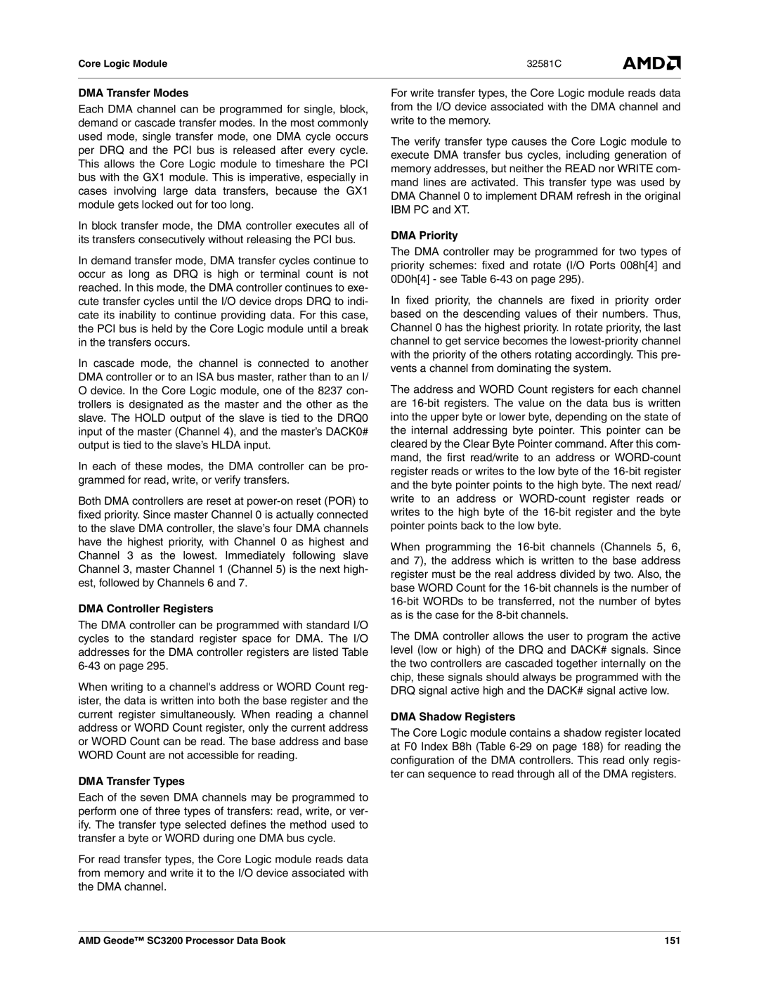 AMD SC3200 manual DMA Transfer Modes, DMA Controller Registers, DMA Transfer Types, DMA Priority, DMA Shadow Registers 