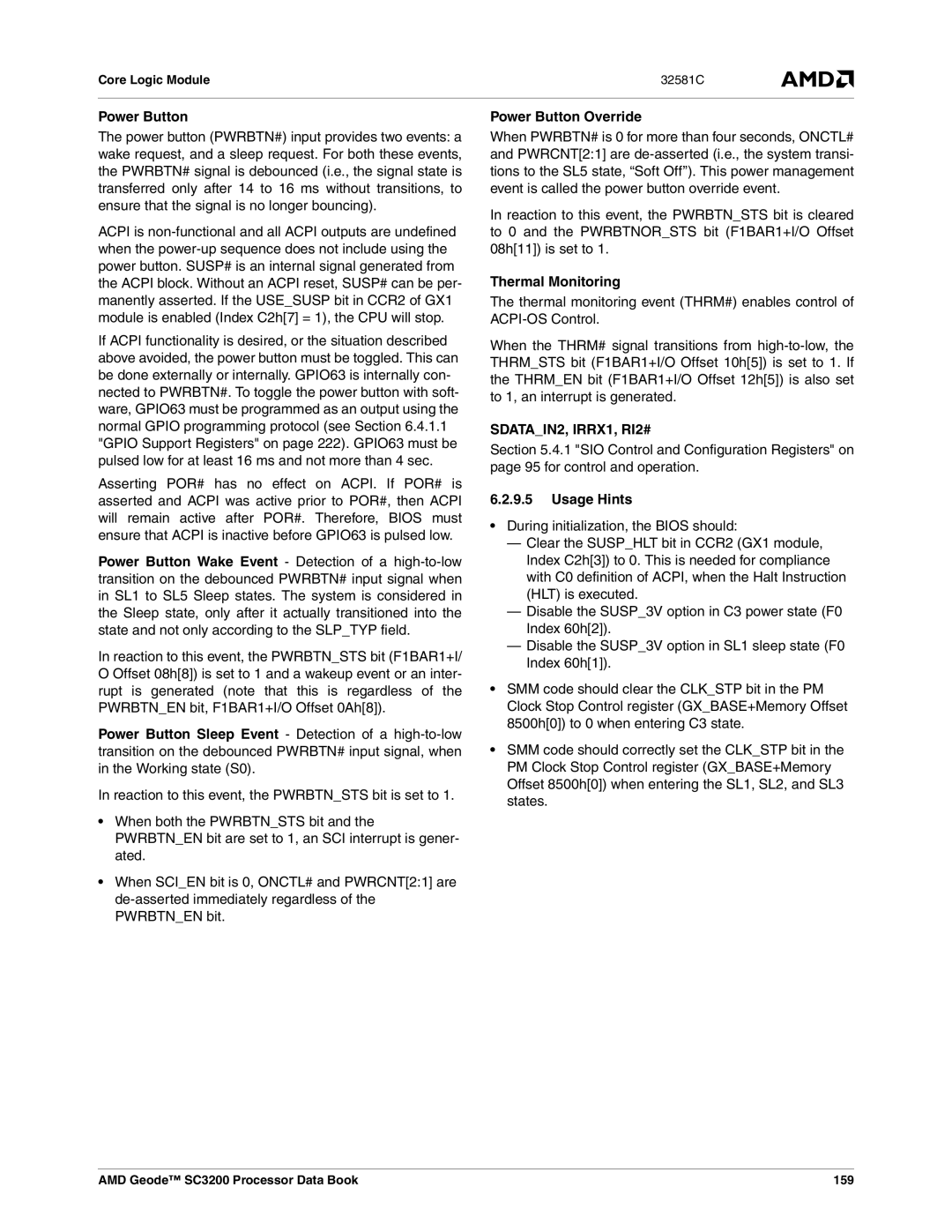 AMD manual Power Button Override, Thermal Monitoring, AMD Geode SC3200 Processor Data Book 159 