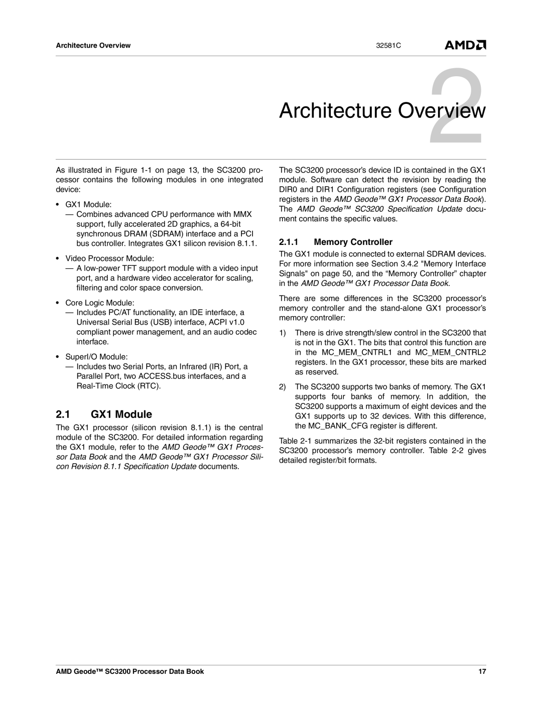 AMD SC3200 manual GX1 Module, Memory Controller, Architecture Overview 32581C 