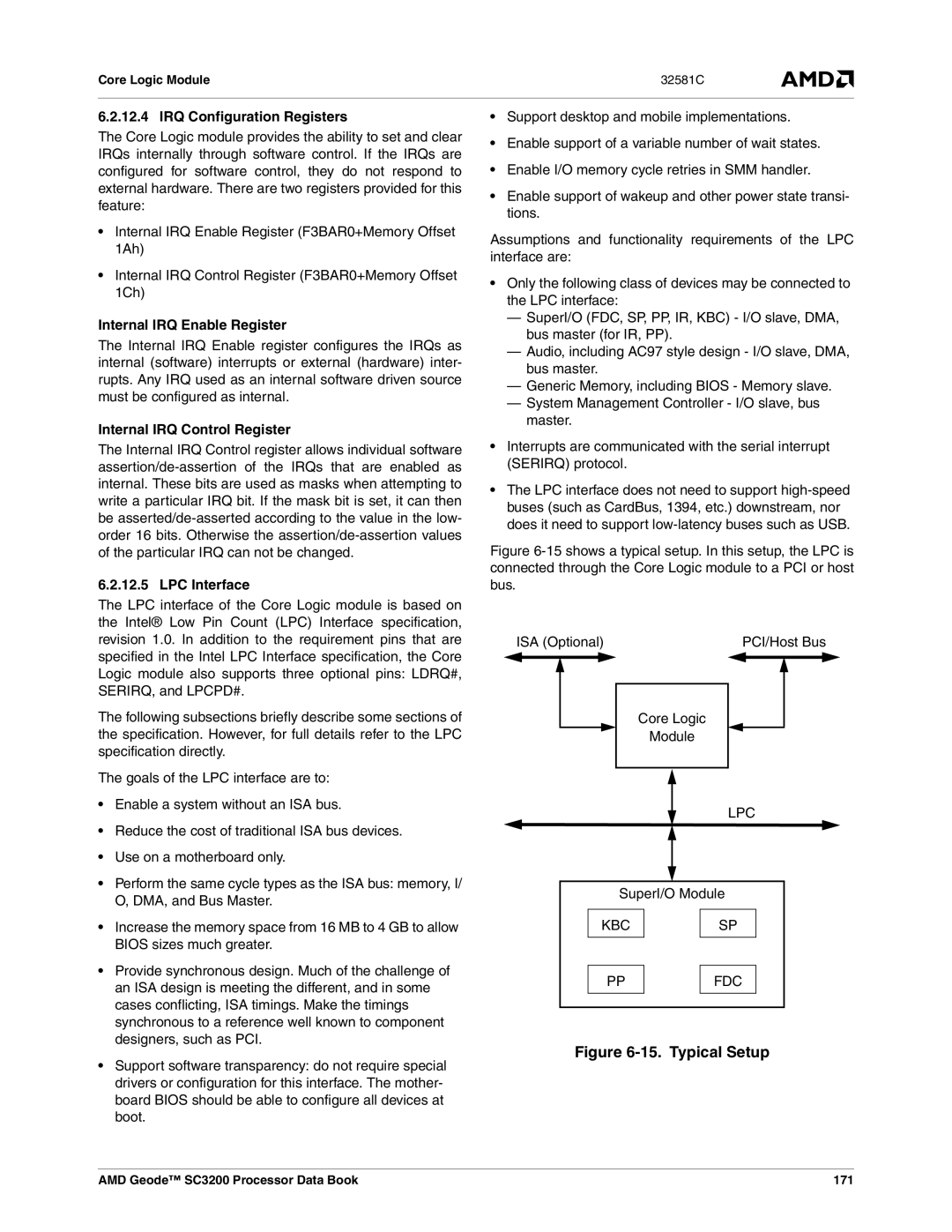 AMD SC3200 manual IRQ Configuration Registers, Internal IRQ Enable Register, Internal IRQ Control Register, LPC Interface 