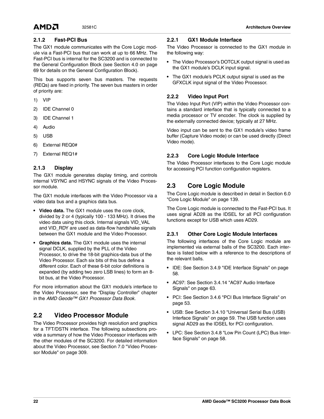 AMD SC3200 manual Fast-PCI Bus, Display, 1 GX1 Module Interface, Video Input Port, Core Logic Module Interface 