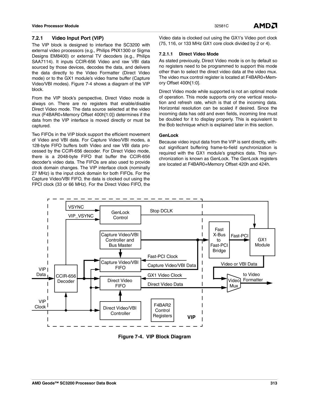 AMD SC3200 manual Video Input Port VIP, Direct Video Mode, GenLock 