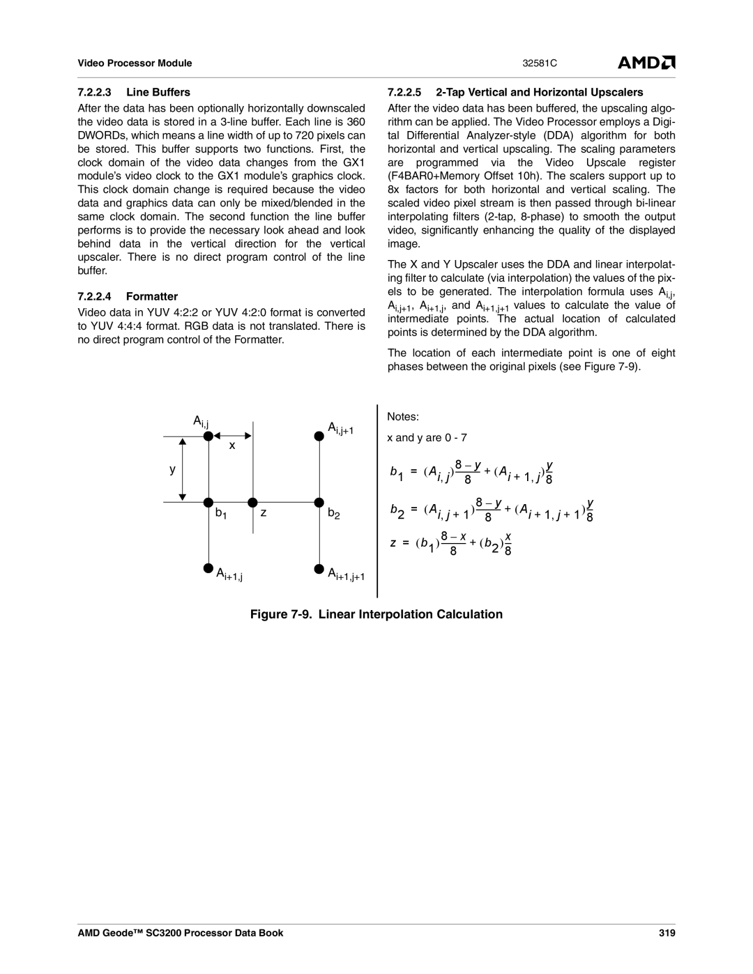 AMD Line Buffers, Formatter, 2.5 2-Tap Vertical and Horizontal Upscalers, AMD Geode SC3200 Processor Data Book 319 