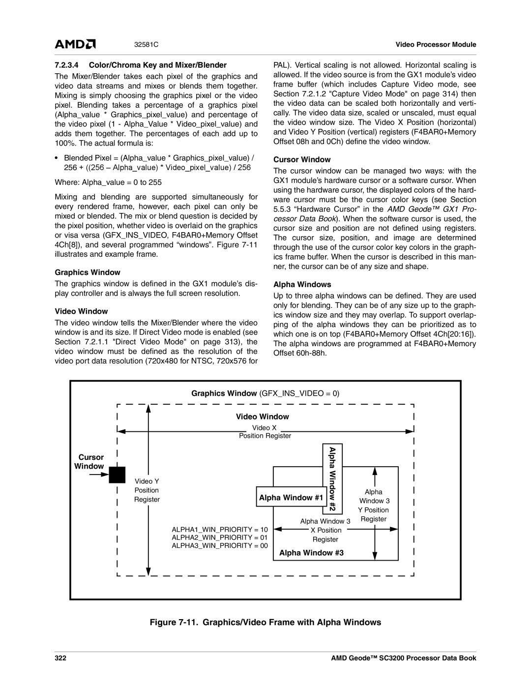 AMD SC3200 manual Color/Chroma Key and Mixer/Blender, Graphics Window, Video Window, Cursor Window, Alpha Windows 