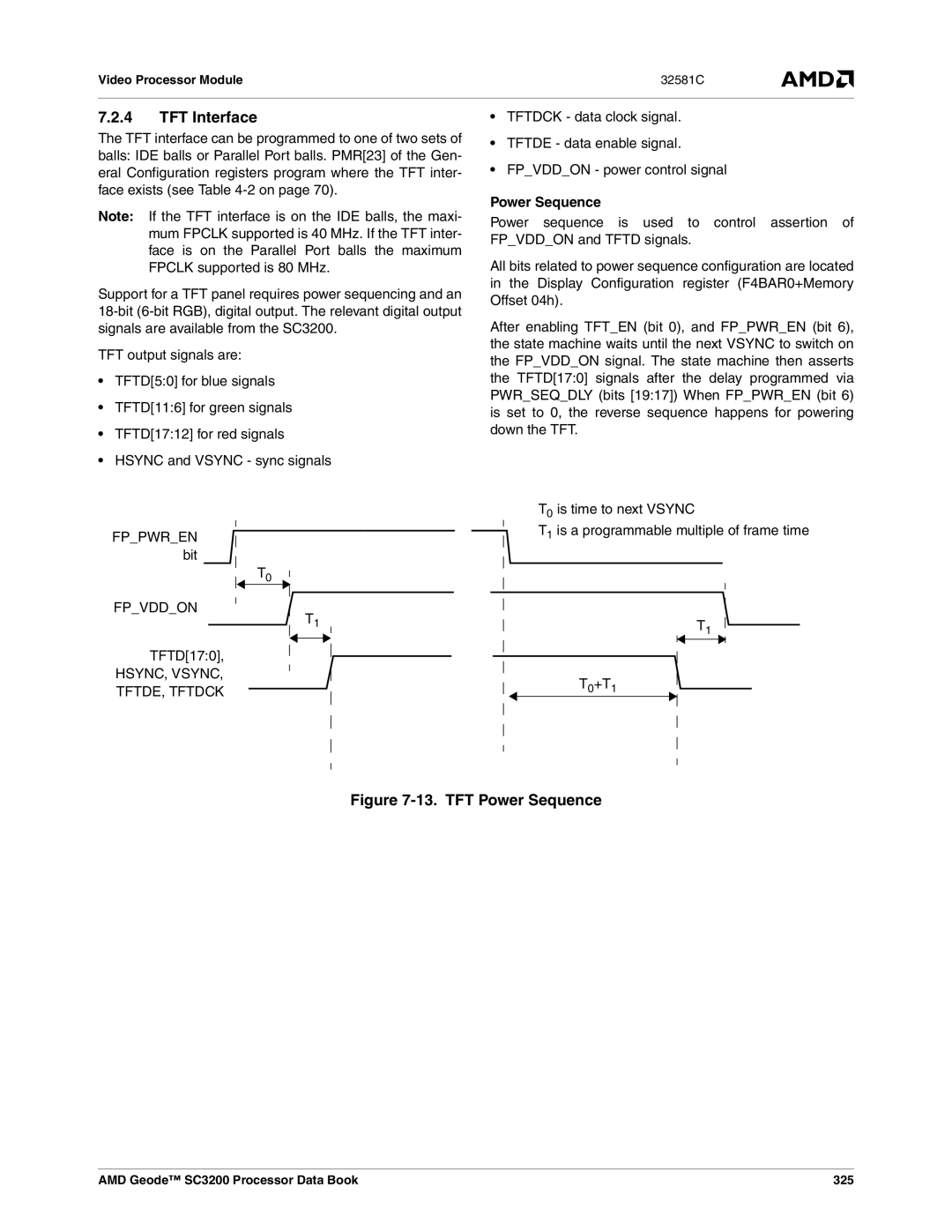 AMD SC3200 TFT Interface, Power Sequence, HSYNC, VSYNC, TFTDE, Tftdck, T1 is a programmable multiple of frame time T0+T1 