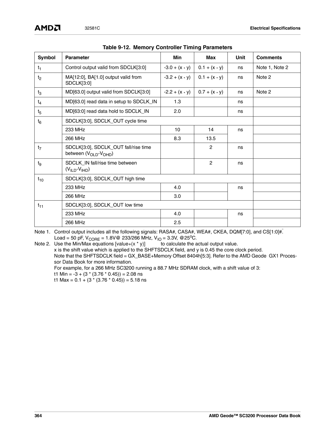 AMD SC3200 manual Memory Controller Timing Parameters, SDCLK30, Sdclkout high time 233 MHz 266 MHz, 364 