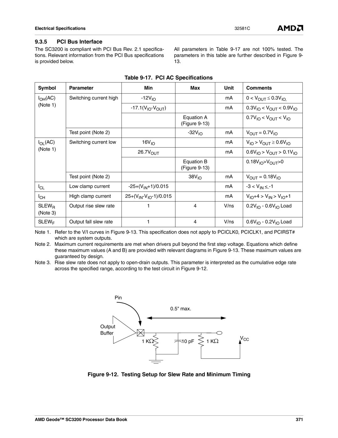 AMD SC3200 manual PCI Bus Interface, PCI AC Specifications 