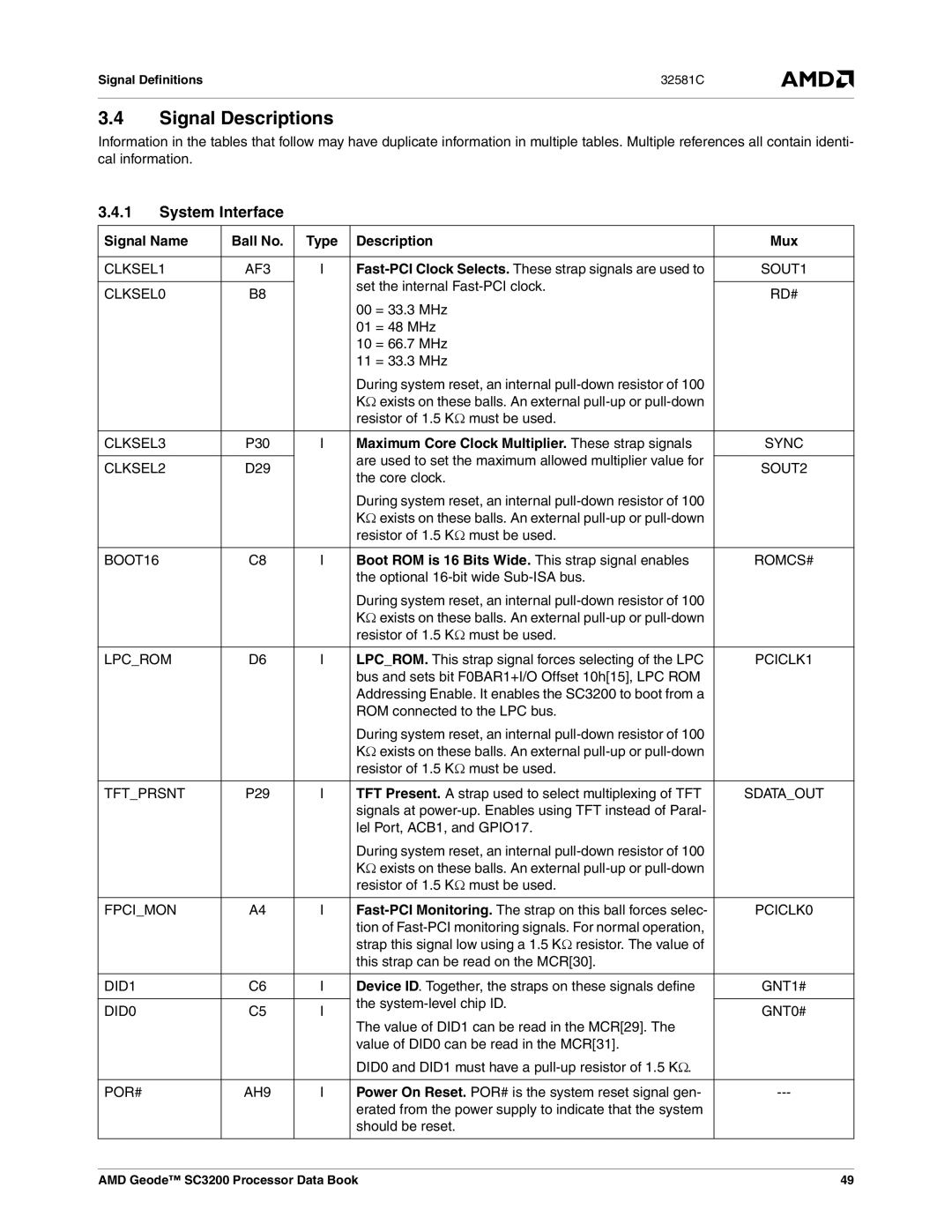 AMD SC3200 manual Signal Descriptions, System Interface, Signal Name Ball No Type Description Mux 