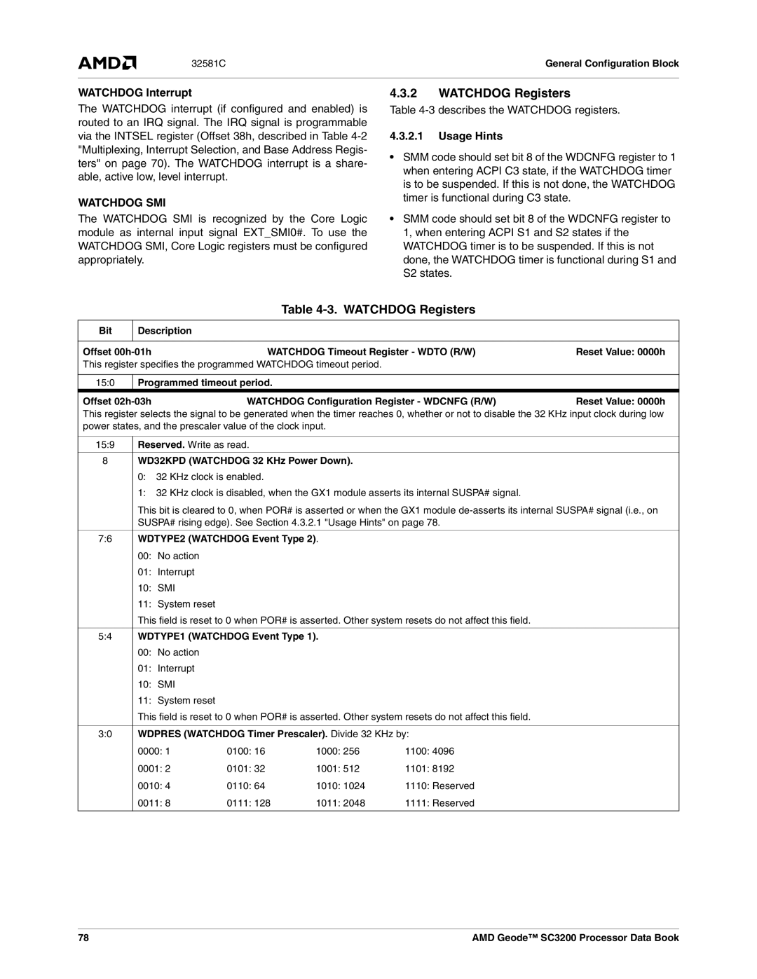 AMD SC3200 manual Watchdog Registers, Watchdog Interrupt, 3describes the Watchdog registers, Usage Hints 