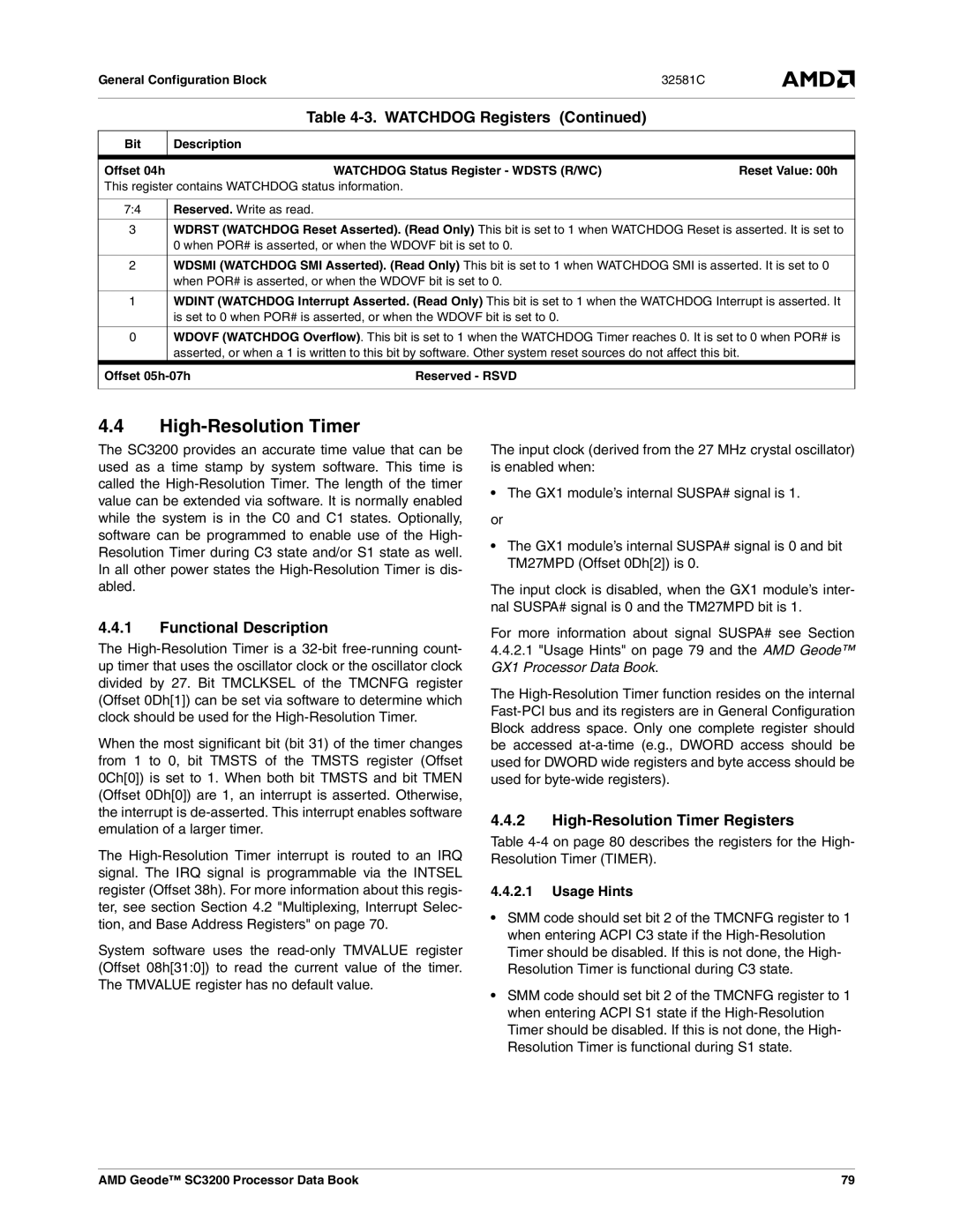 AMD SC3200 manual High-Resolution Timer Registers, Watchdog Status Register Wdsts R/WC Reset Value 00h, Offset 05h-07h 