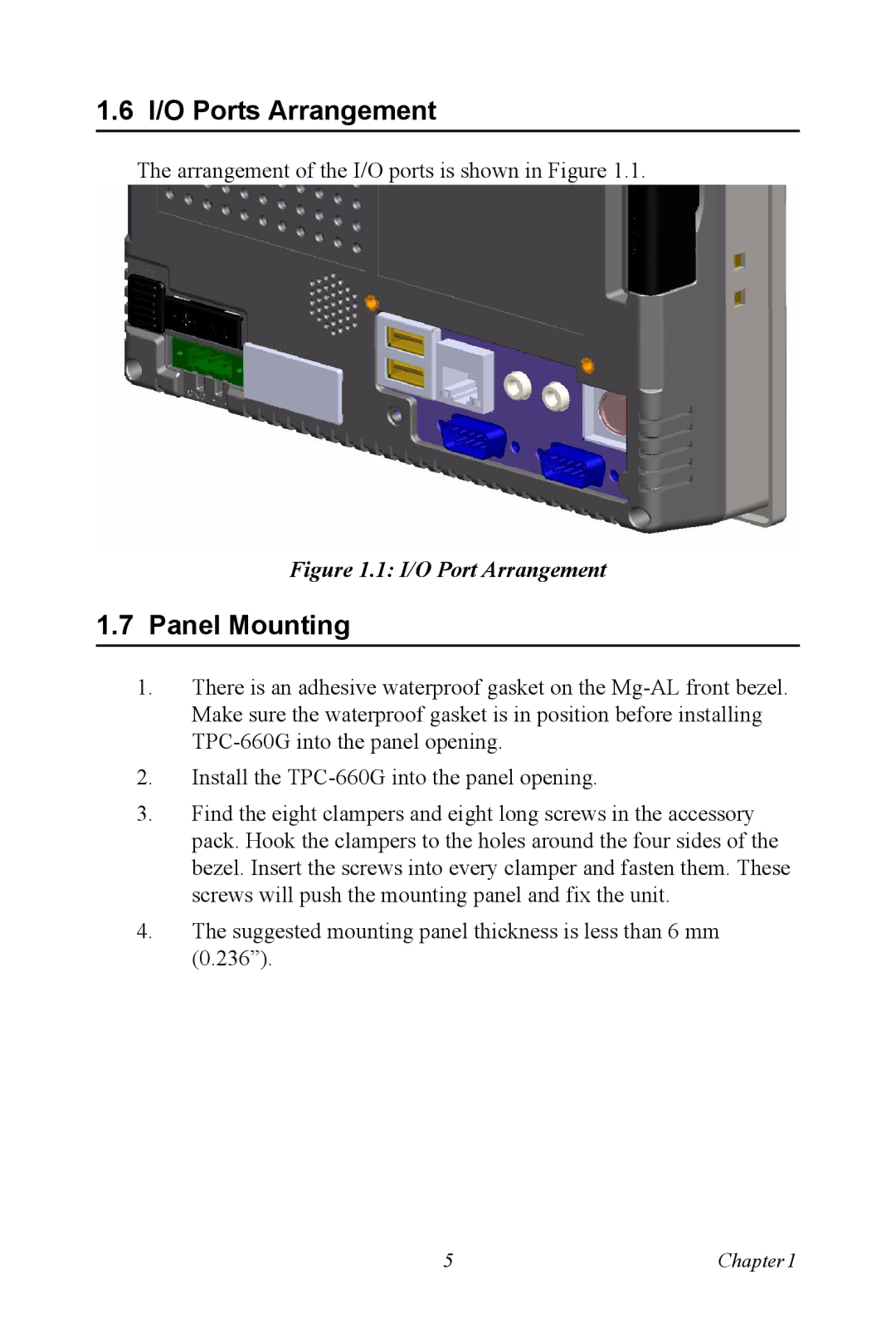 AMD TPC-660G manual I/O Ports Arrangement, Panel Mounting 