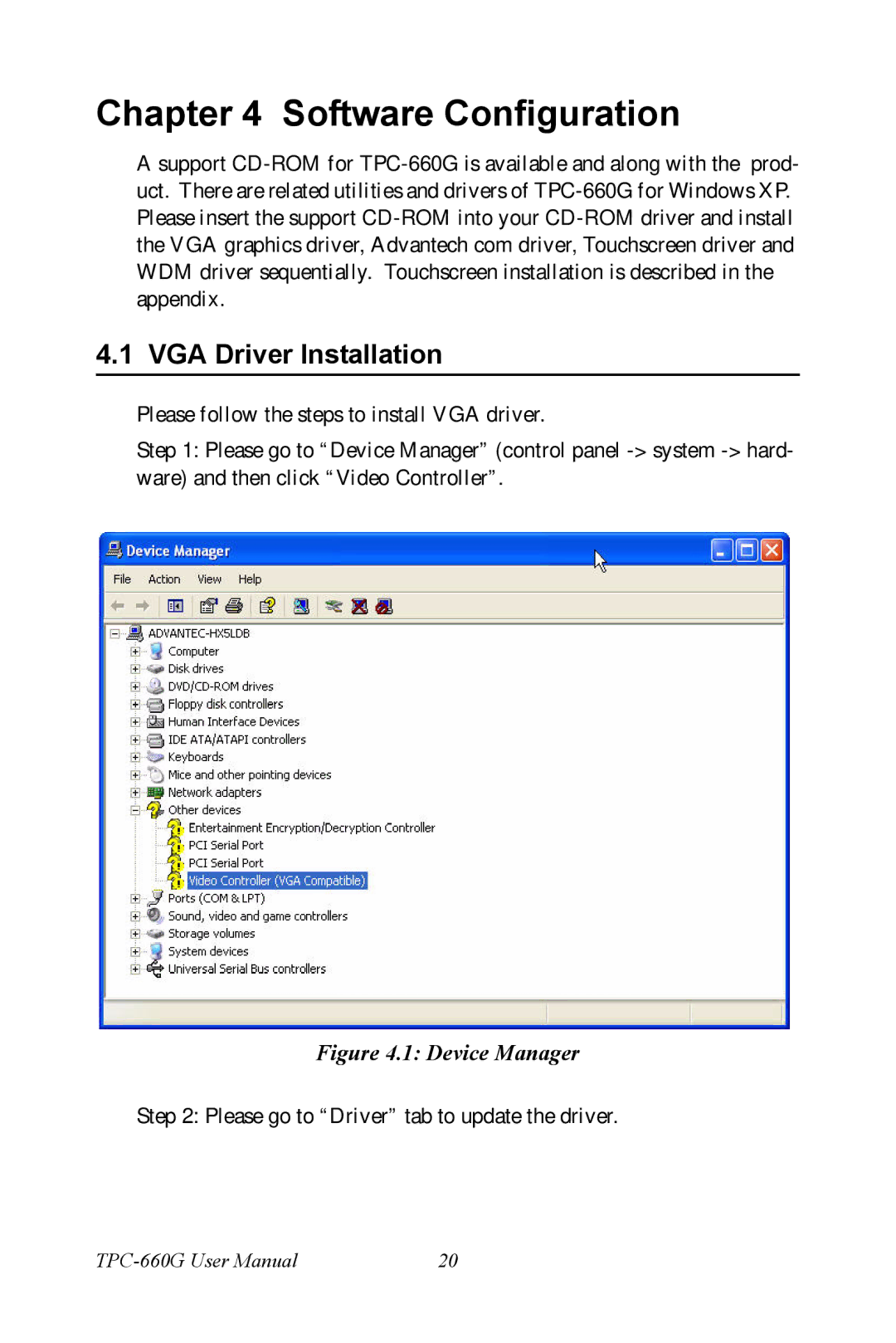 AMD TPC-660G manual VGA Driver Installation, Device Manager 