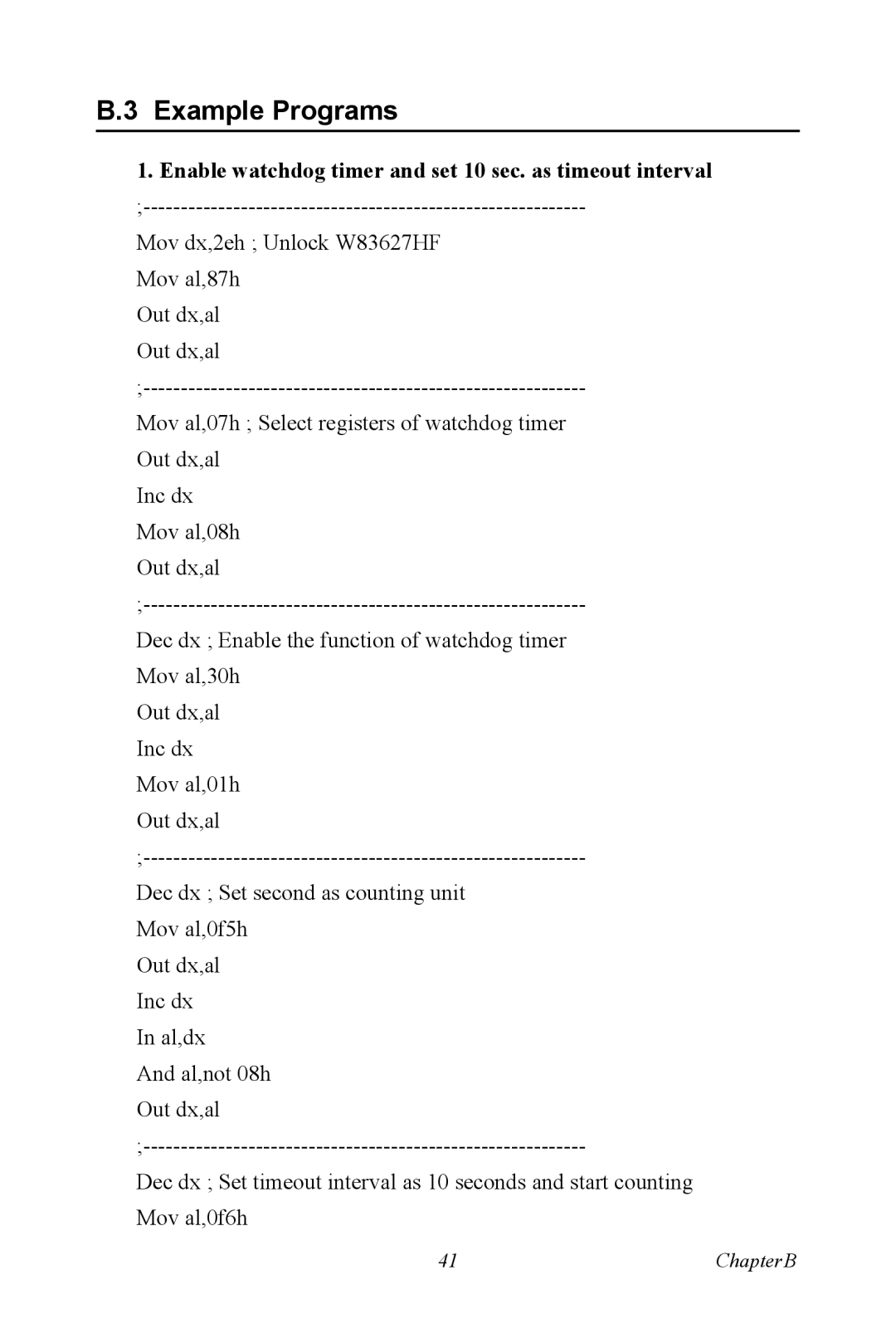 AMD TPC-660G manual Example Programs, Enable watchdog timer and set 10 sec. as timeout interval 