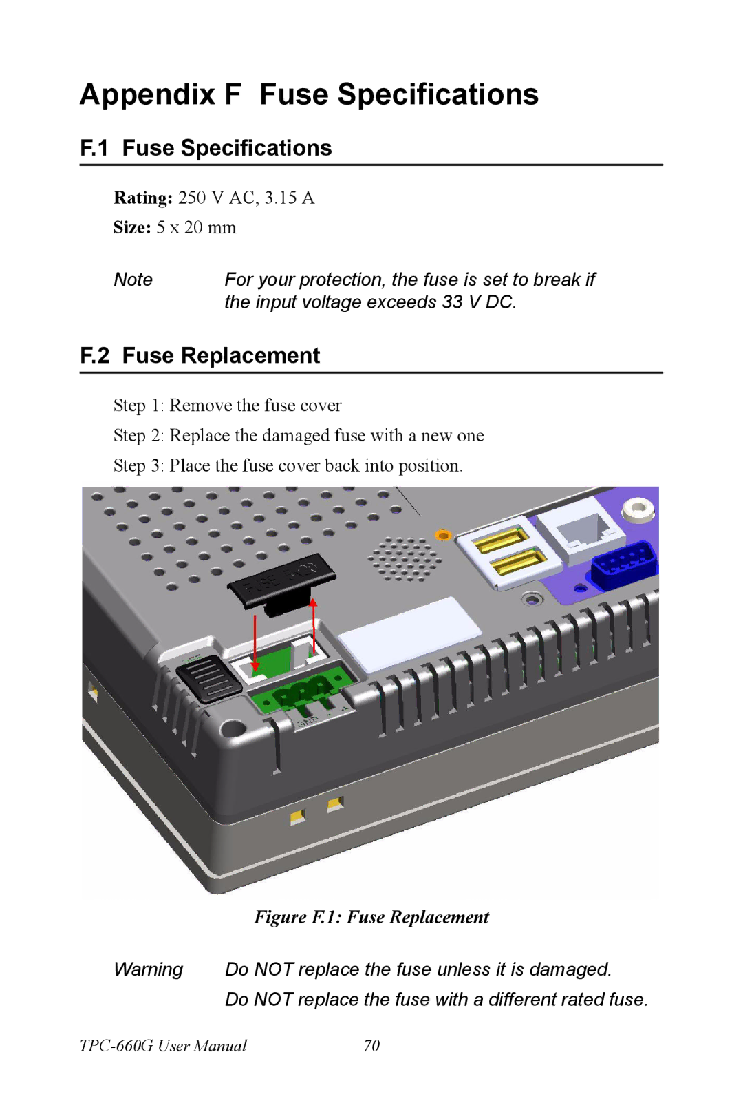 AMD TPC-660G manual Appendix F Fuse Specifications, Fuse Replacement 