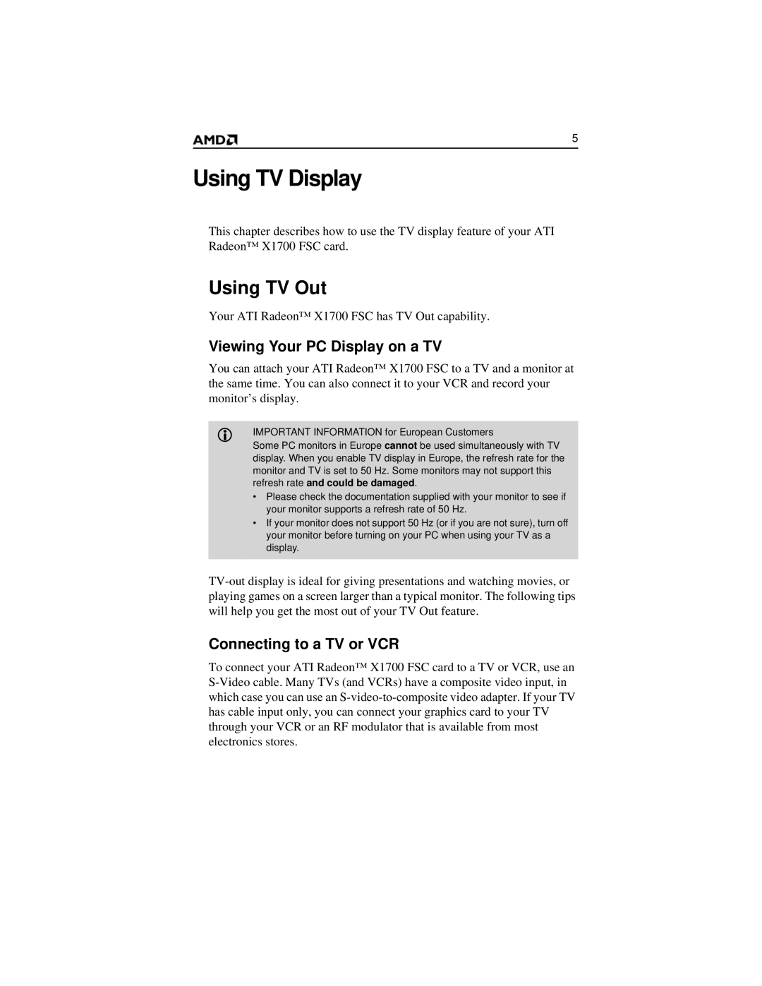 AMD x1700 FSC manual Using TV Display, Using TV Out, Viewing Your PC Display on a TV, Connecting to a TV or VCR 