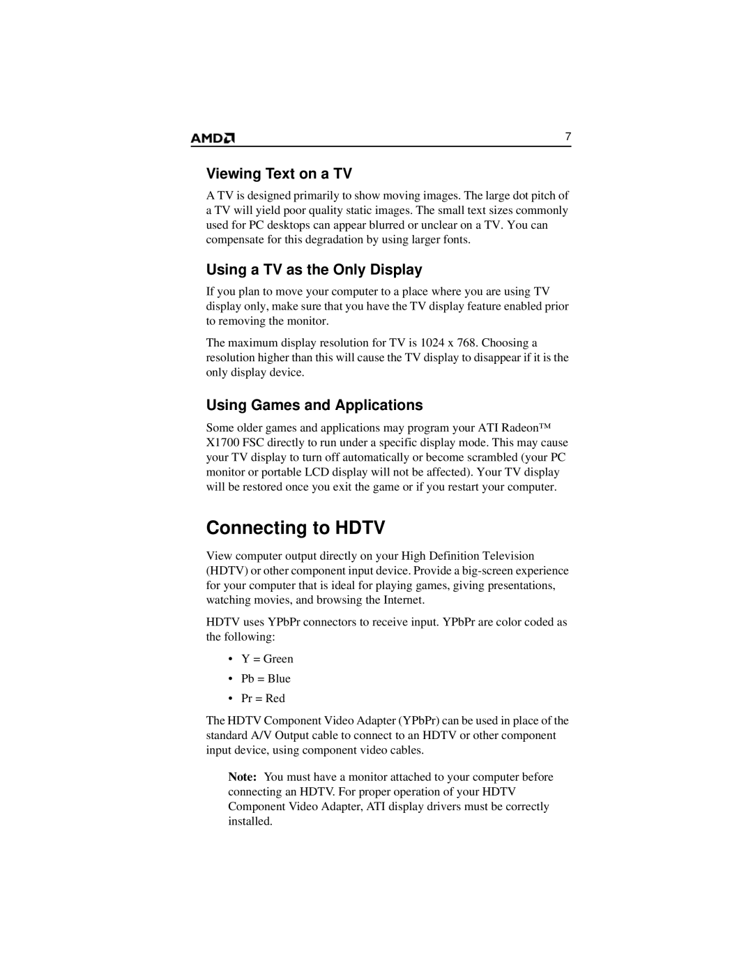 AMD x1700 FSC manual Connecting to Hdtv, Viewing Text on a TV, Using a TV as the Only Display, Using Games and Applications 