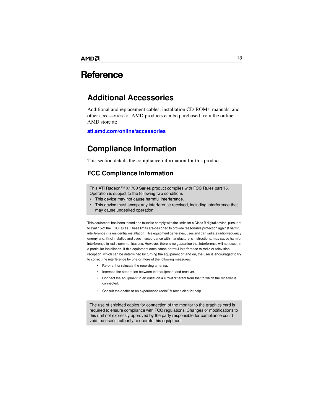 AMD x1700 FSC manual Reference, Additional Accessories, FCC Compliance Information 