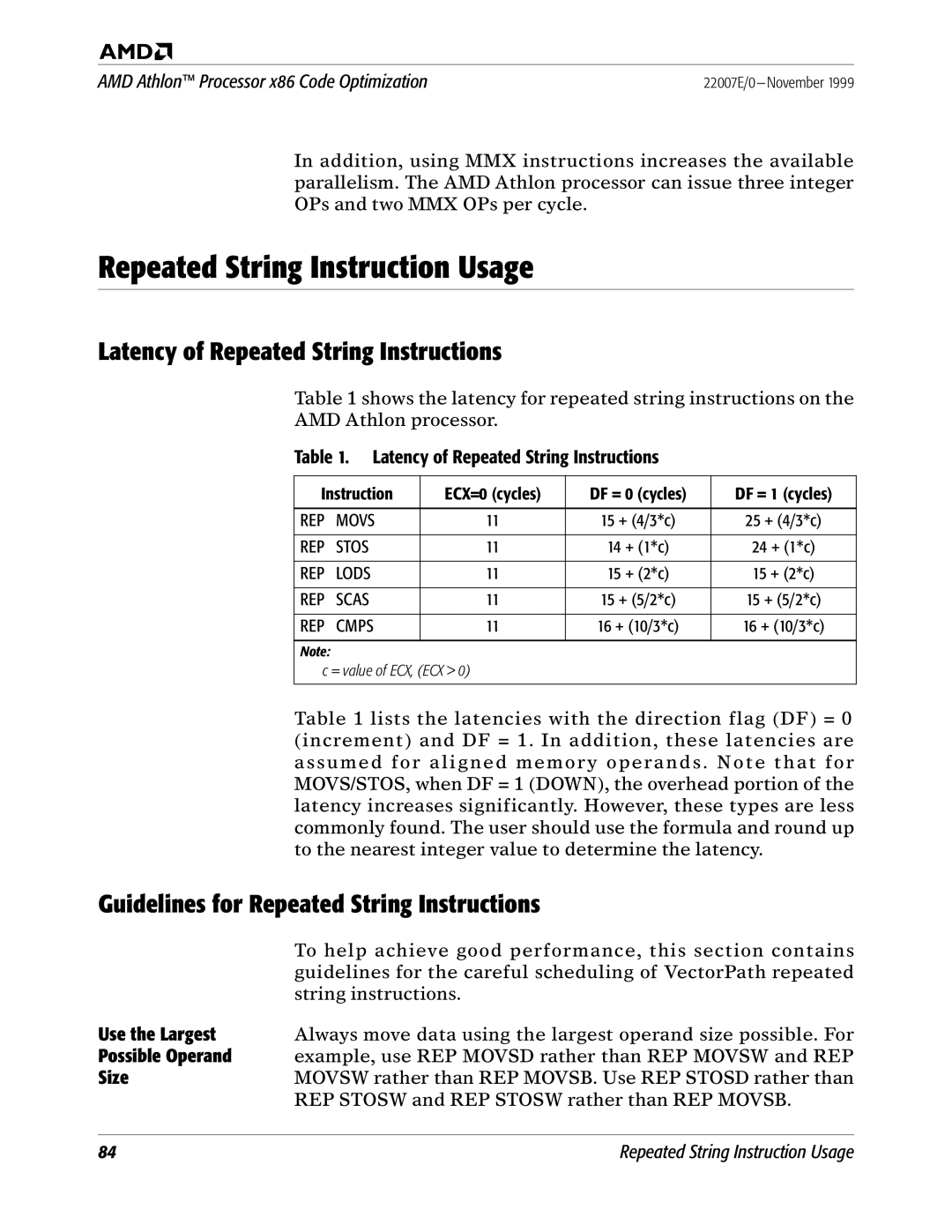 AMD x86 manual Repeated String Instruction Usage, Latency of Repeated String Instructions 