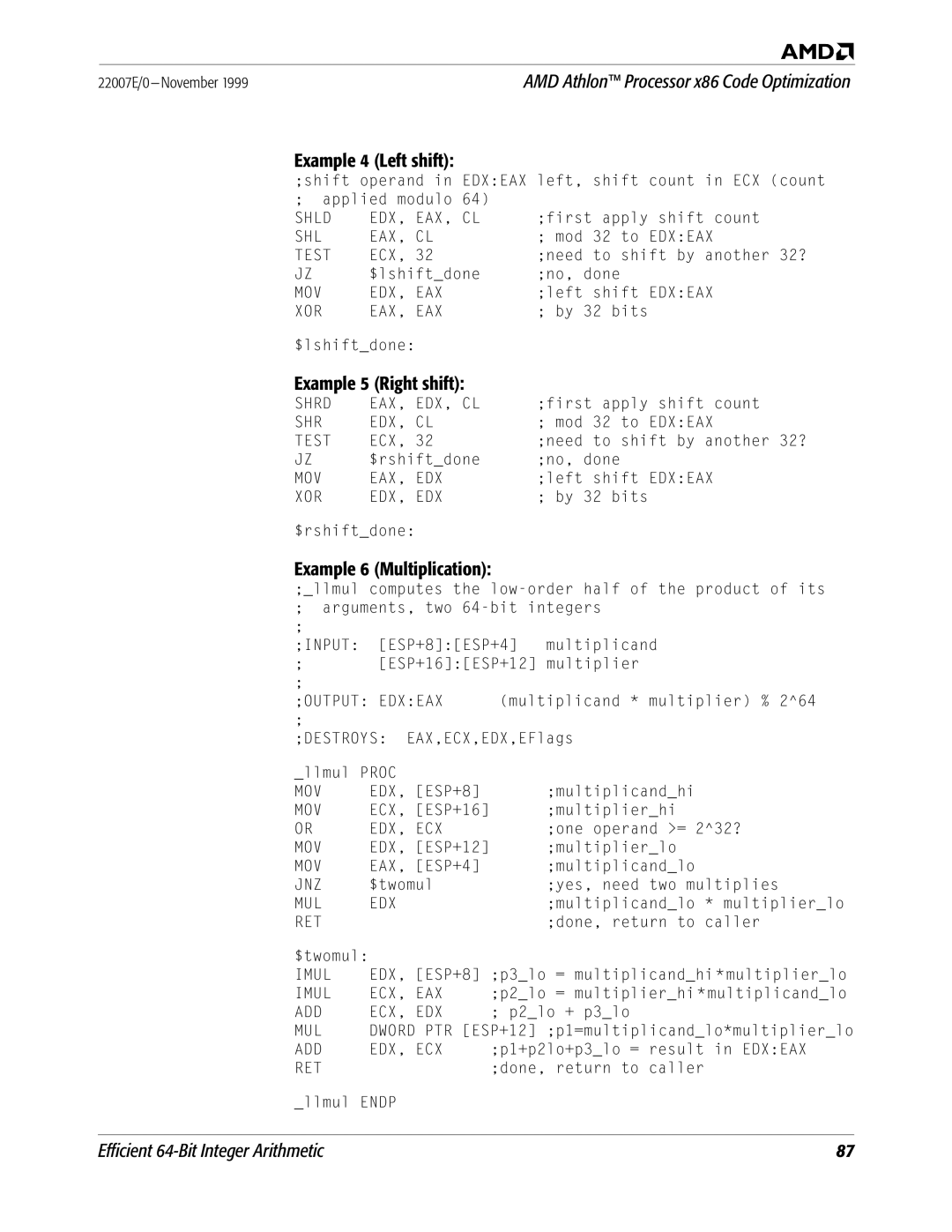 AMD x86 manual Example 4 Left shift, Example 5 Right shift, Example 6 Multiplication 