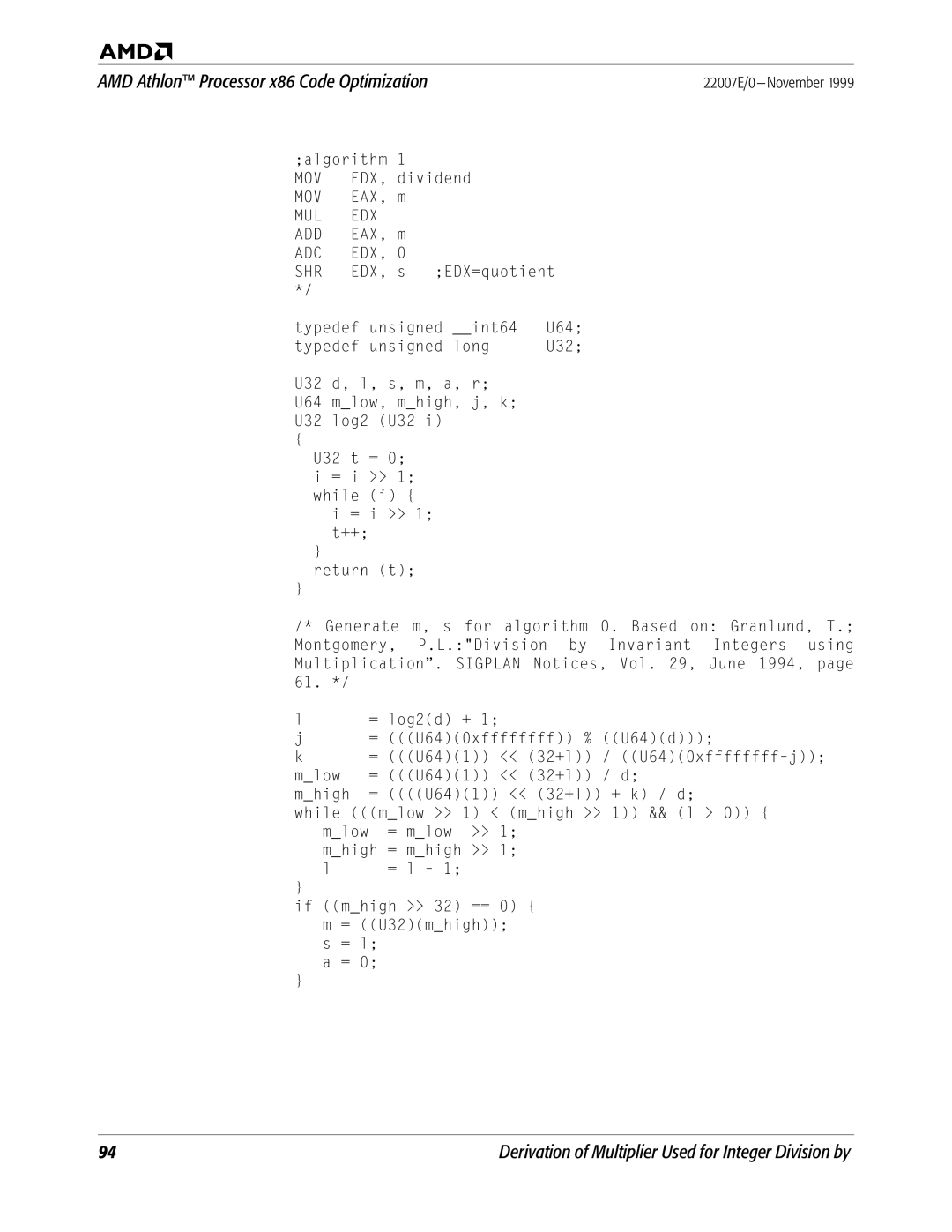 AMD x86 manual Derivation of Multiplier Used for Integer Division by 