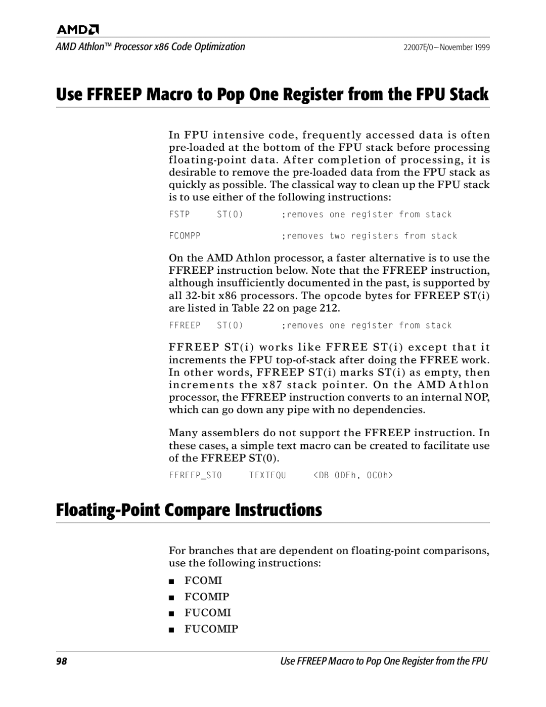 AMD x86 manual Floating-Point Compare Instructions, Use Ffreep Macro to Pop One Register from the FPU Stack 