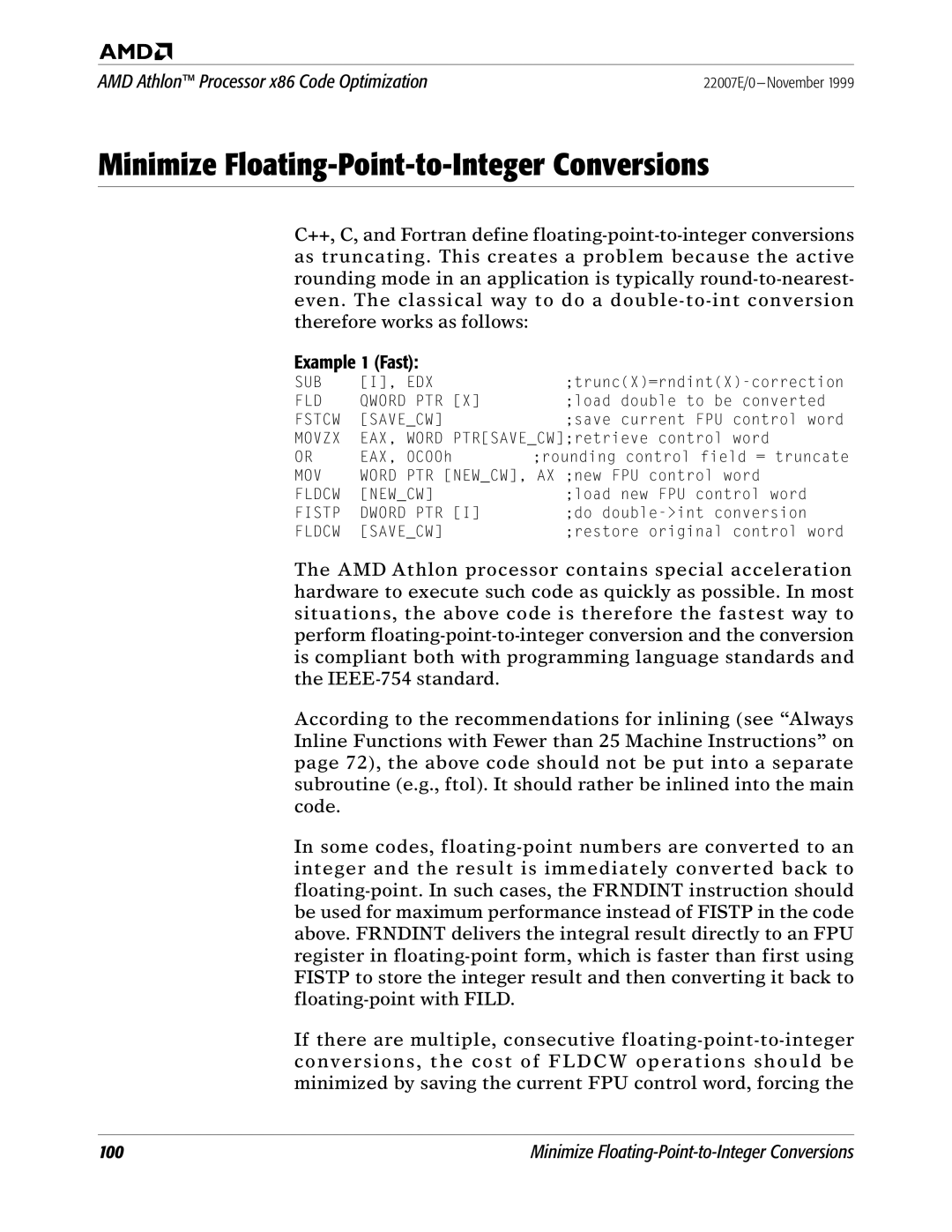 AMD x86 manual Minimize Floating-Point-to-Integer Conversions, Example 1 Fast 