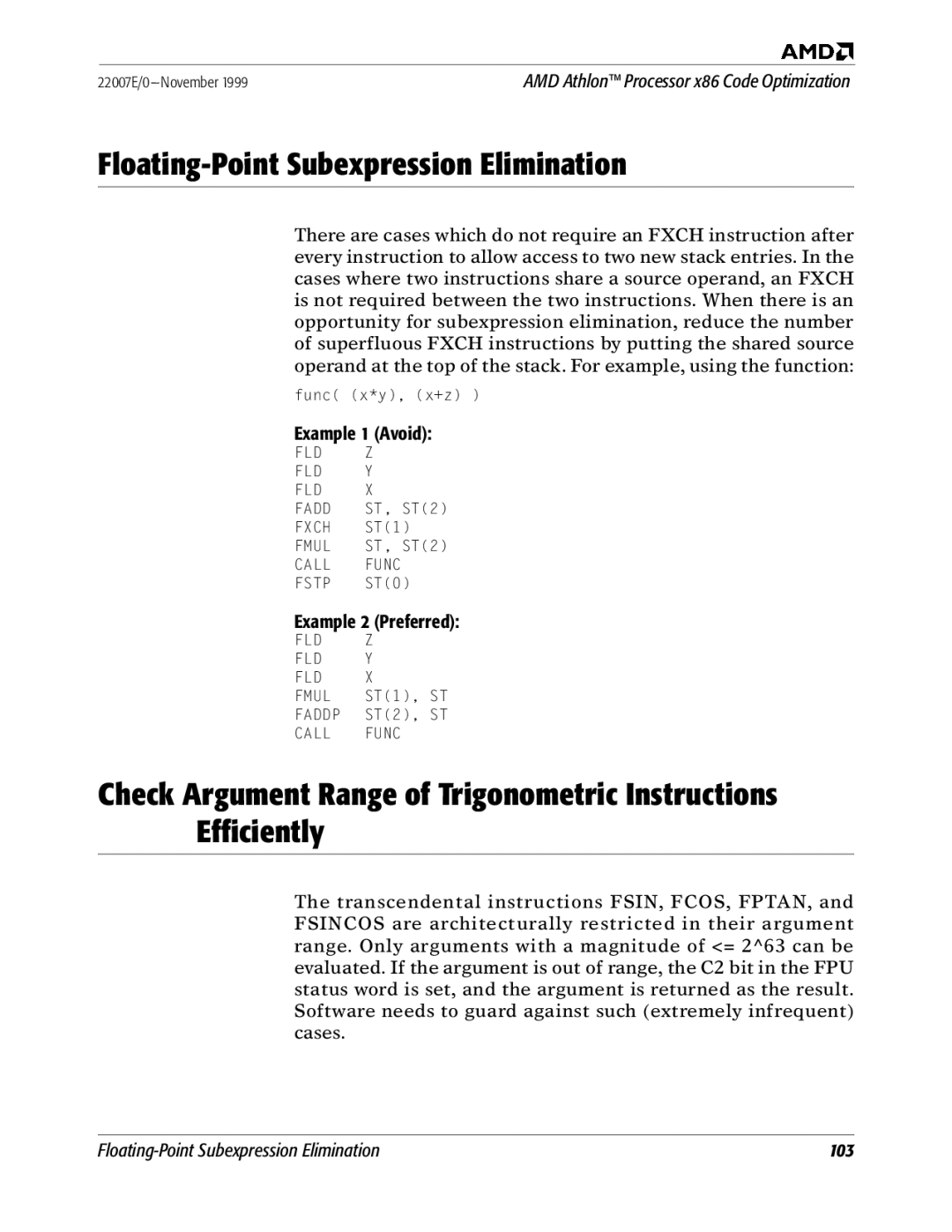 AMD x86 manual Floating-Point Subexpression Elimination, Example 1 Avoid 