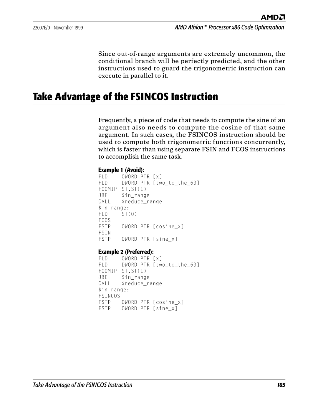 AMD x86 manual Take Advantage of the Fsincos Instruction 