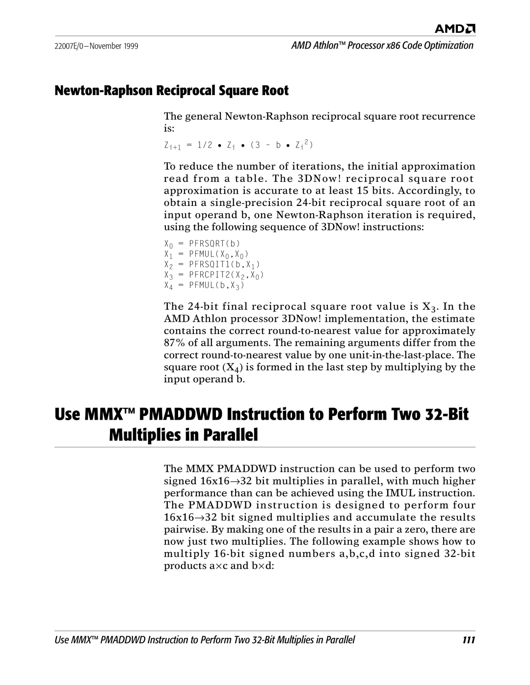 AMD x86 manual Newton-Raphson Reciprocal Square Root 