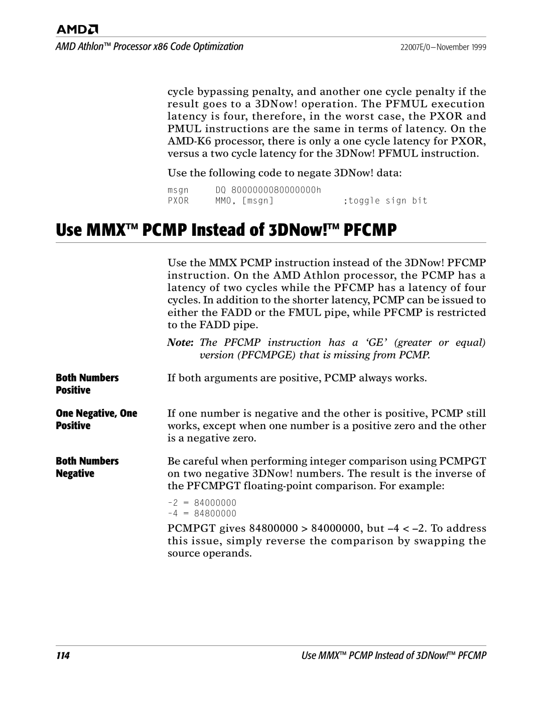 AMD x86 manual Use MMX Pcmp Instead of 3DNow! Pfcmp, Both Numbers, Positive One Negative, One 