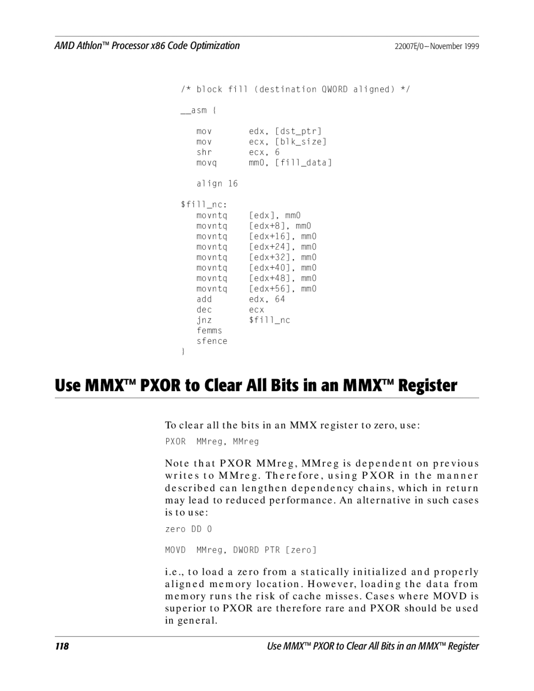 AMD x86 manual Use MMX Pxor to Clear All Bits in an MMX Register 