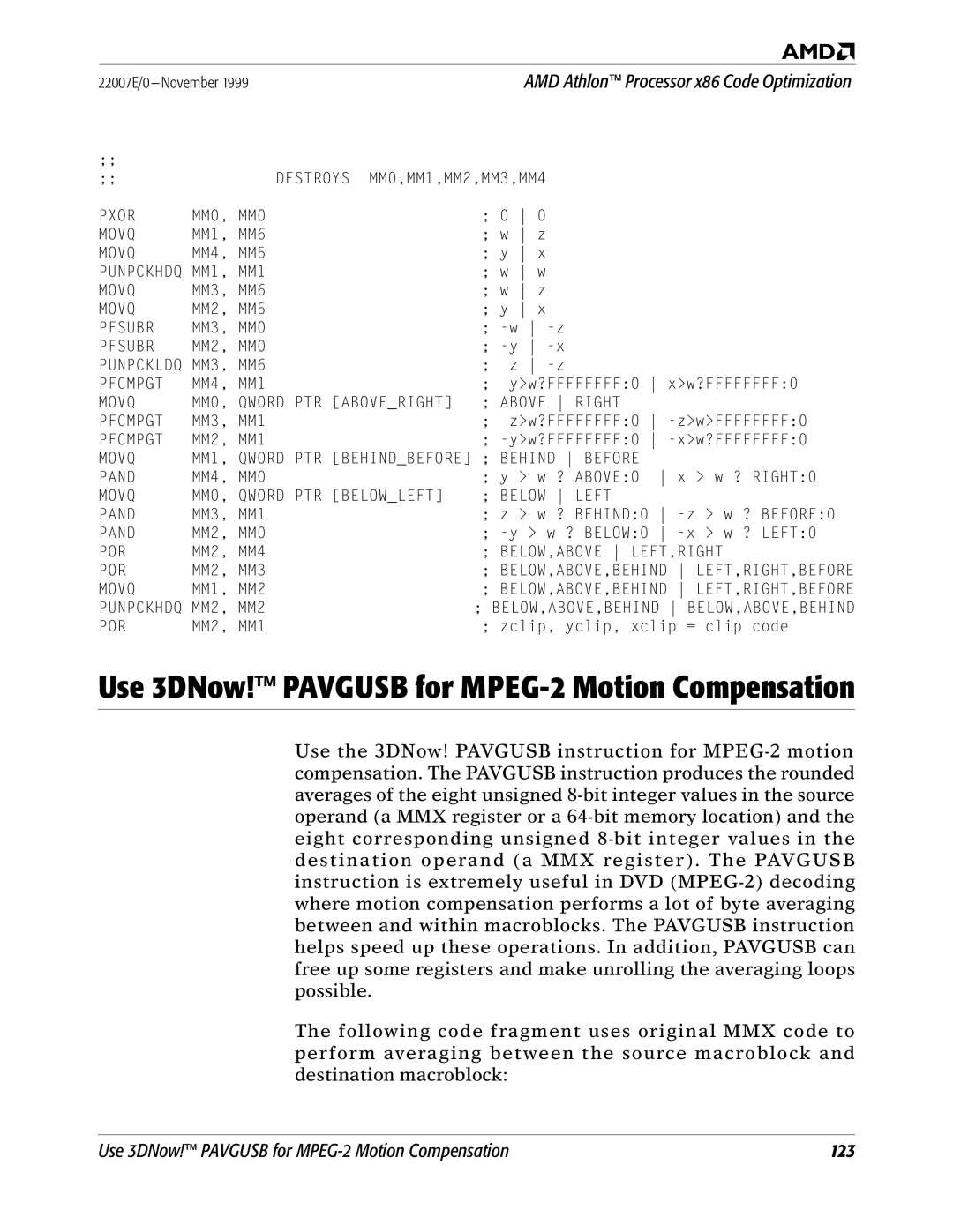 AMD x86 manual Use 3DNow! Pavgusb for MPEG-2 Motion Compensation 