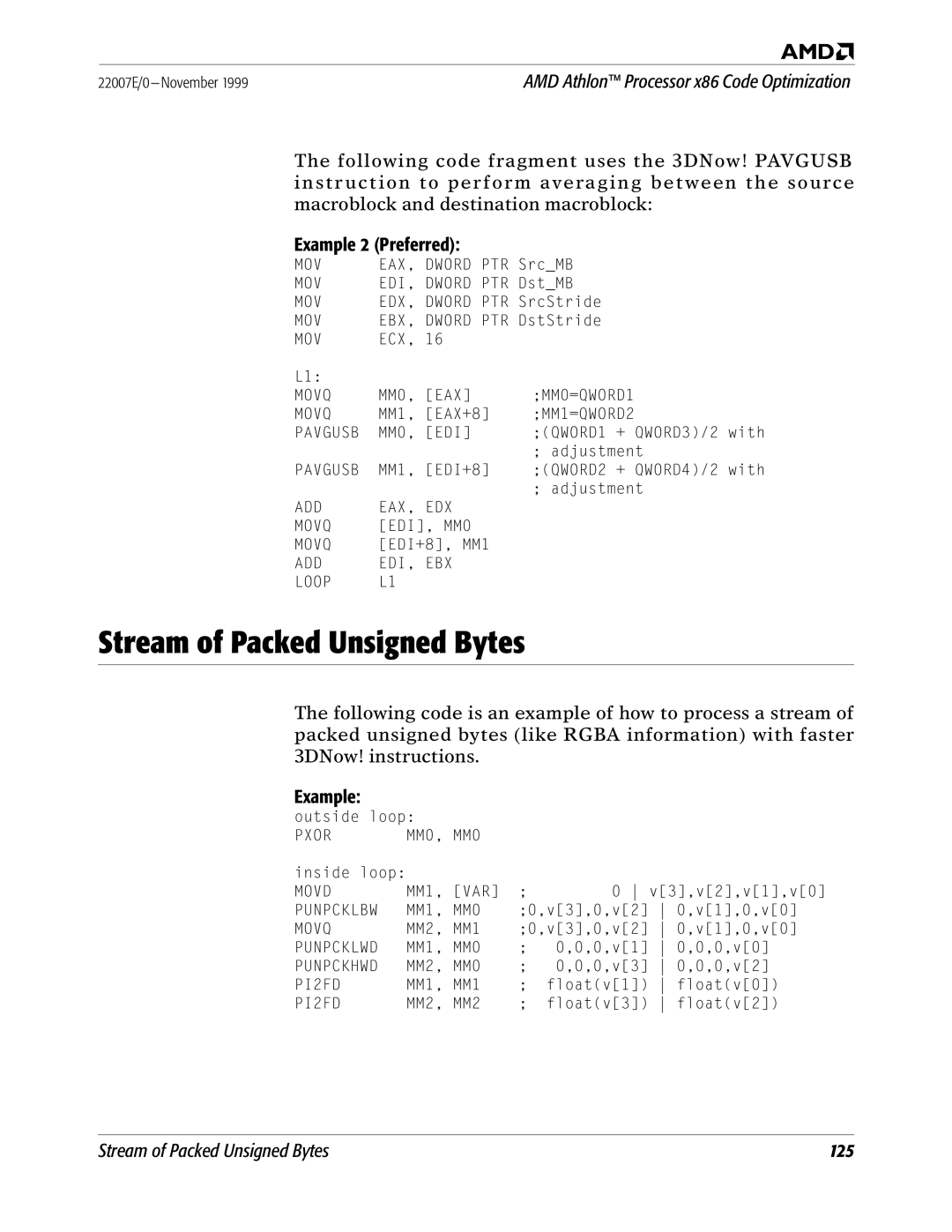 AMD x86 manual Stream of Packed Unsigned Bytes, Example 2 Preferred 