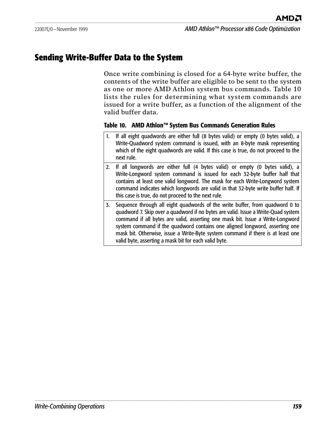 AMD x86 manual Sending Write-Buffer Data to the System, AMD Athlon System Bus Commands Generation Rules 